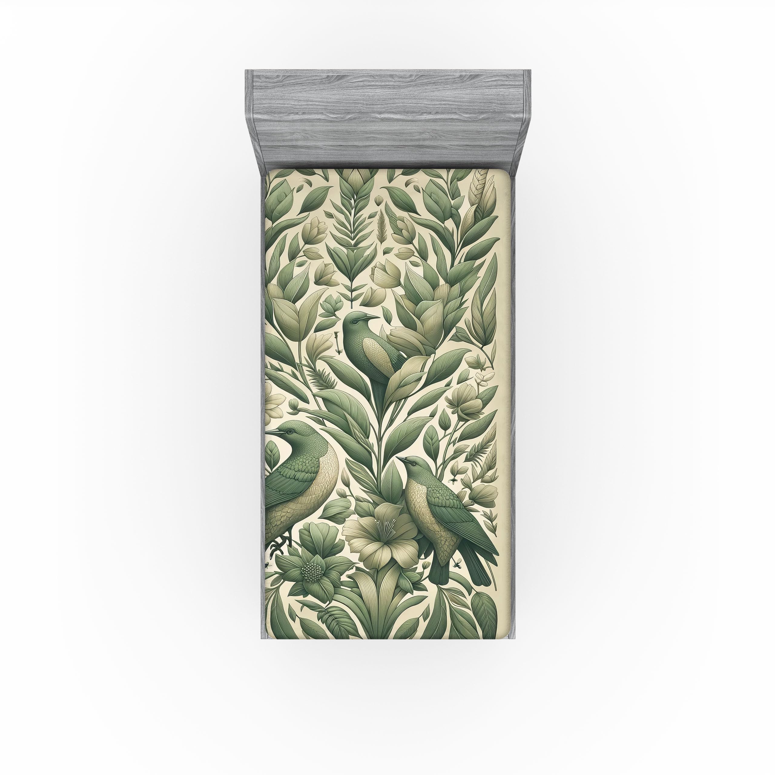 Ambesonne Birds and Nature 2 Pack Fitted Sheet, Wings Leafy Floral, Bed Cover All-Round Elastic Deep Pockets 2 Pieces, Package Contains 2 Twin XL Size Fitted Sheets, Laurel Green Pale Khaki