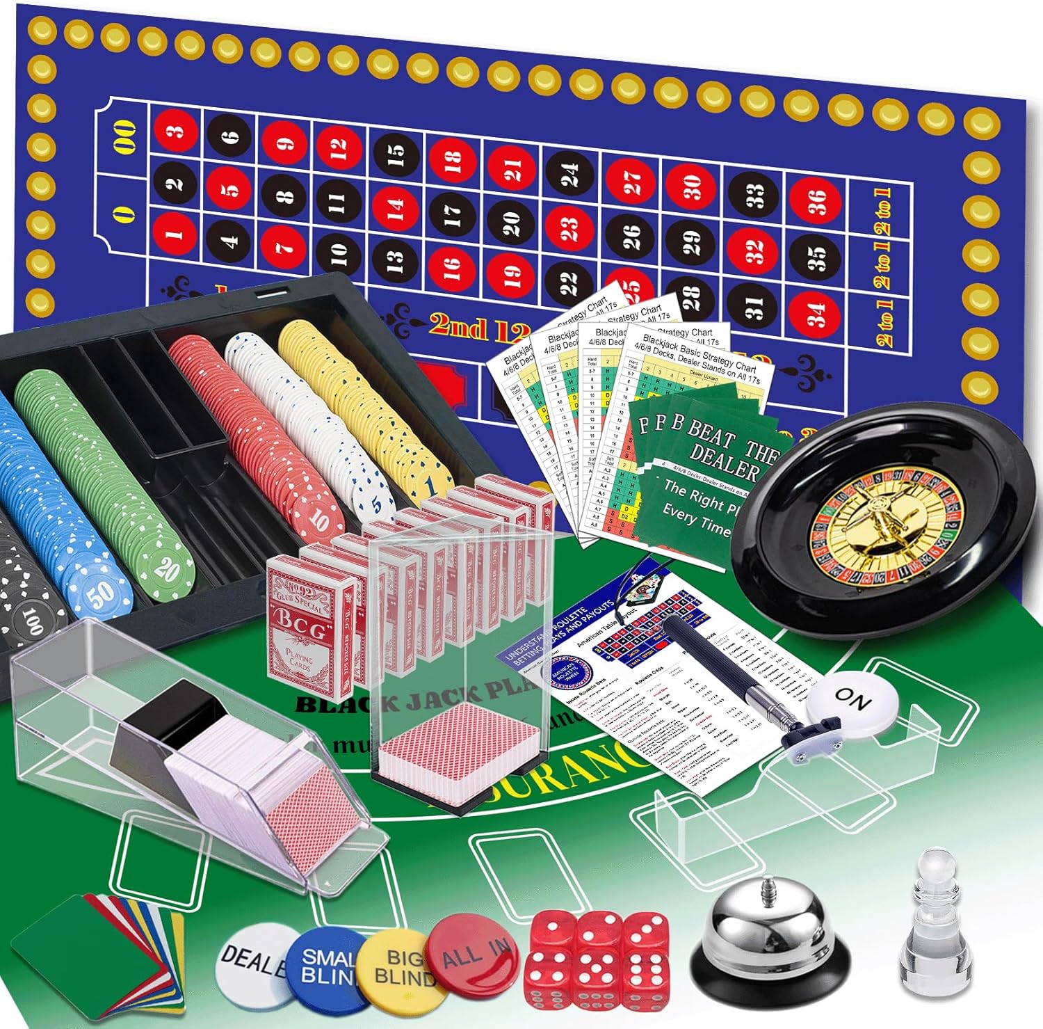 5 in 1 Super Casino Game Set: Blackjack/Roulette/Craps/Texas Hold'em/Poker Kit with Shoe+Discard Tray+360 Chip+8 Deck Card+Roulette Wheel+2 Felt+Stratedgy Card+Chip Rake, Casino Poker Set Ultimate Set Green