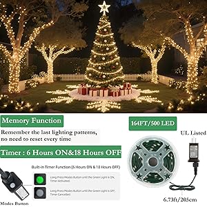 Tcamp 164FT 500 LED Christmas Lights, 8 Modes Christmas Tree Lights with Timer Memory Function, Green Wire Starry Fairy String Light for Xmas Tree Halloween Outdoor Indoor Decor (Warm White)