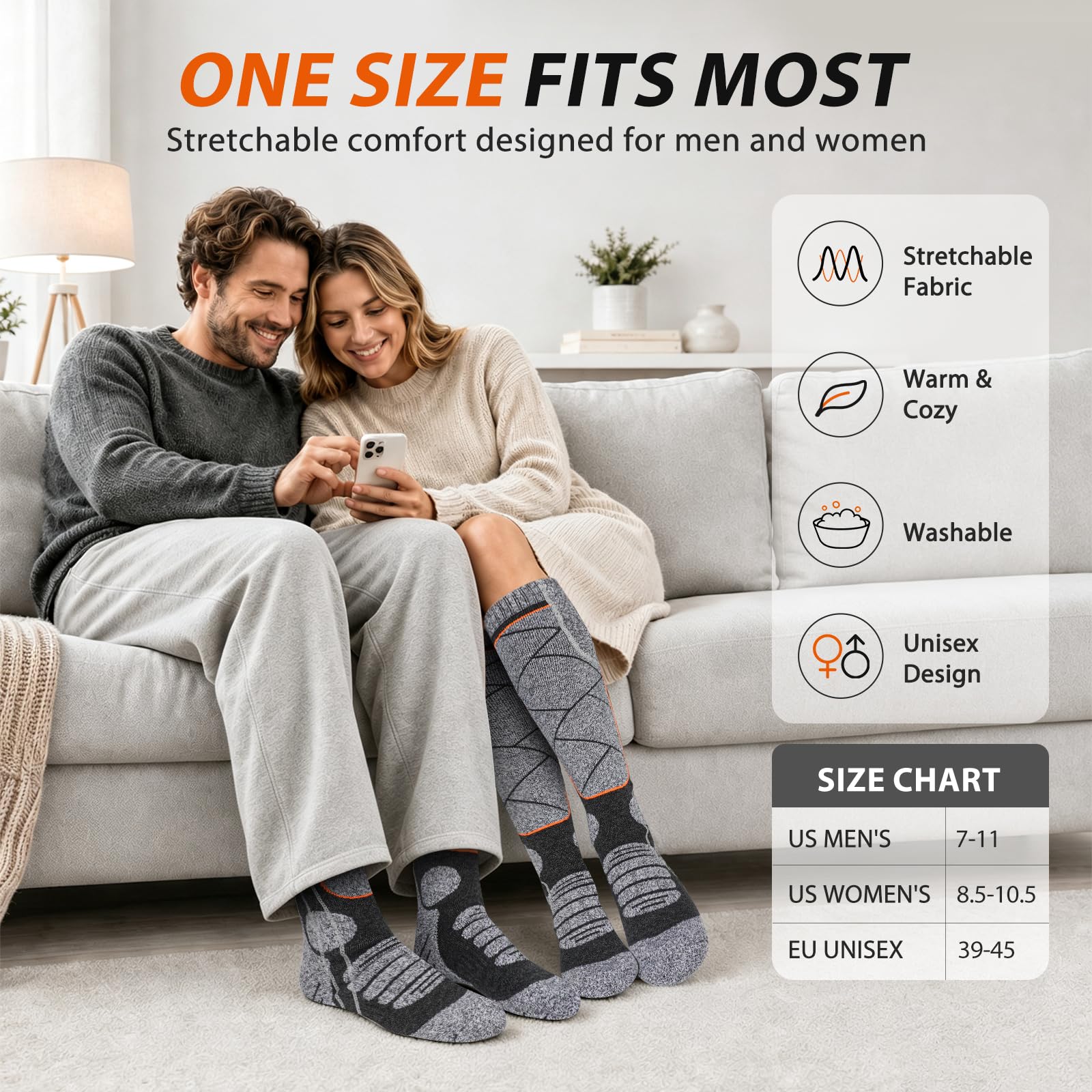 Beheizbare Socken für Herren Damen (Grau/Orange EU)