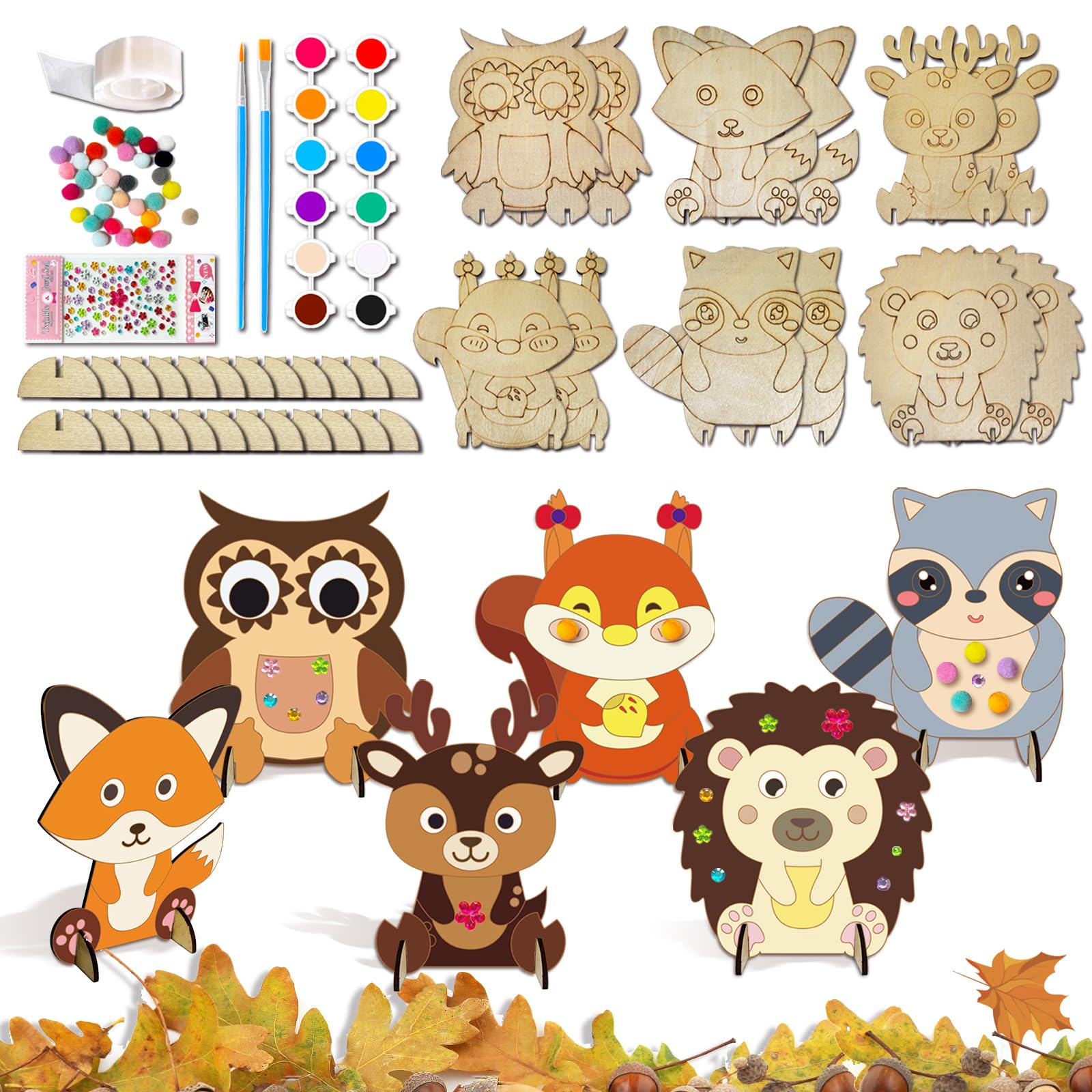 HILKKET Igel Bastelset für Kinder, 12 Pcs Herbst Anhänger Holz Deko mit Pigmente, 3D Eule Holzbastelsets, Herbst Basteln Kinder zum Basteln und Bemalen Fuchs, Elch, Eichhörnchen, Waschbär Jesienne