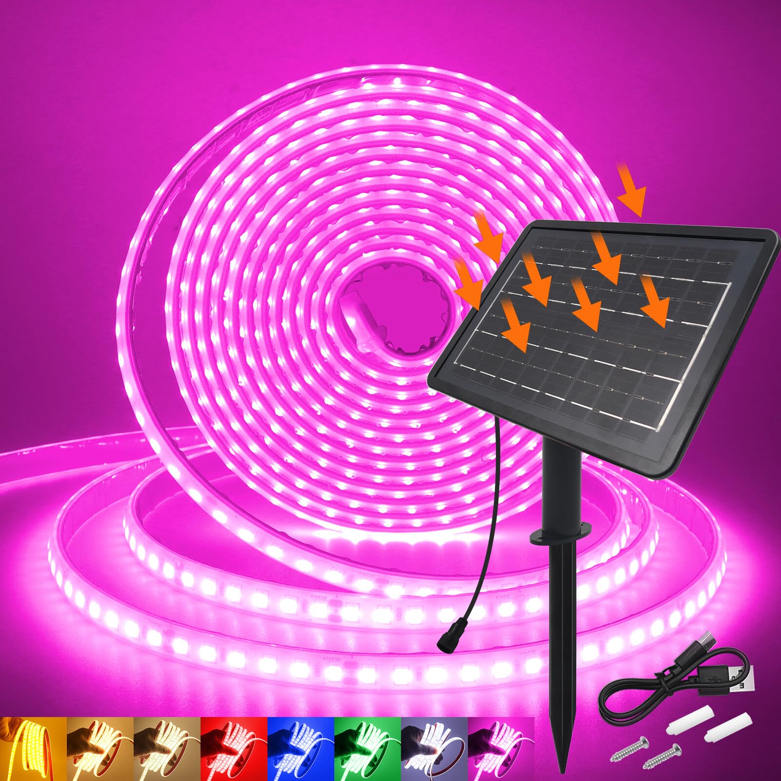 KAFULA 24V 8 Mode Solar Strip Light [3m,Pink],IP68 Waterproof,2400MAH Solar Powered Flexible LED Rope Light CRI85+,Bedroom Garden Balcony Decorative Lighting