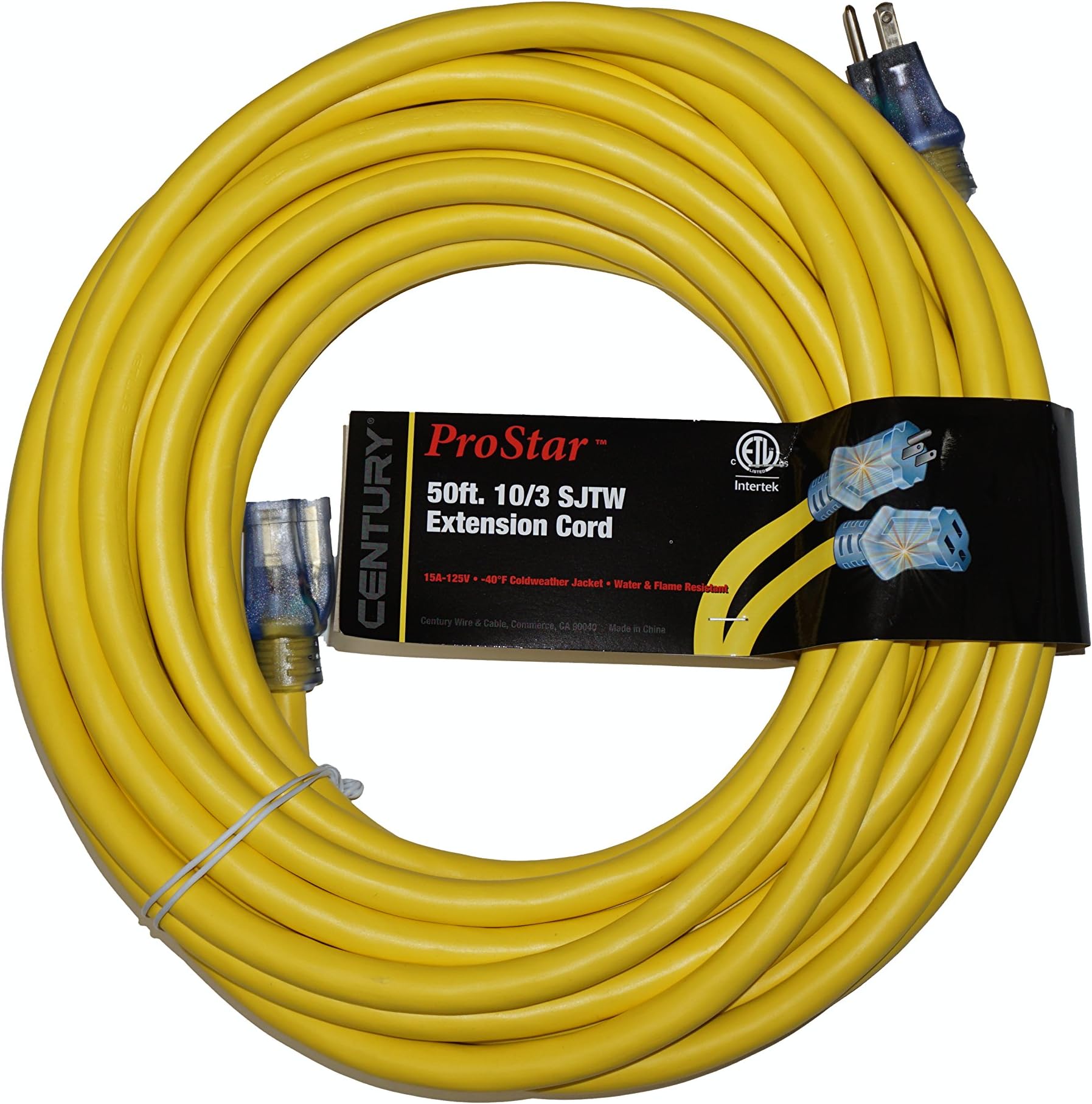 ProStar 10 Gauge SJTW 3 Conductor 50 Foot Extension Cord with Lighted Ends - Yellow