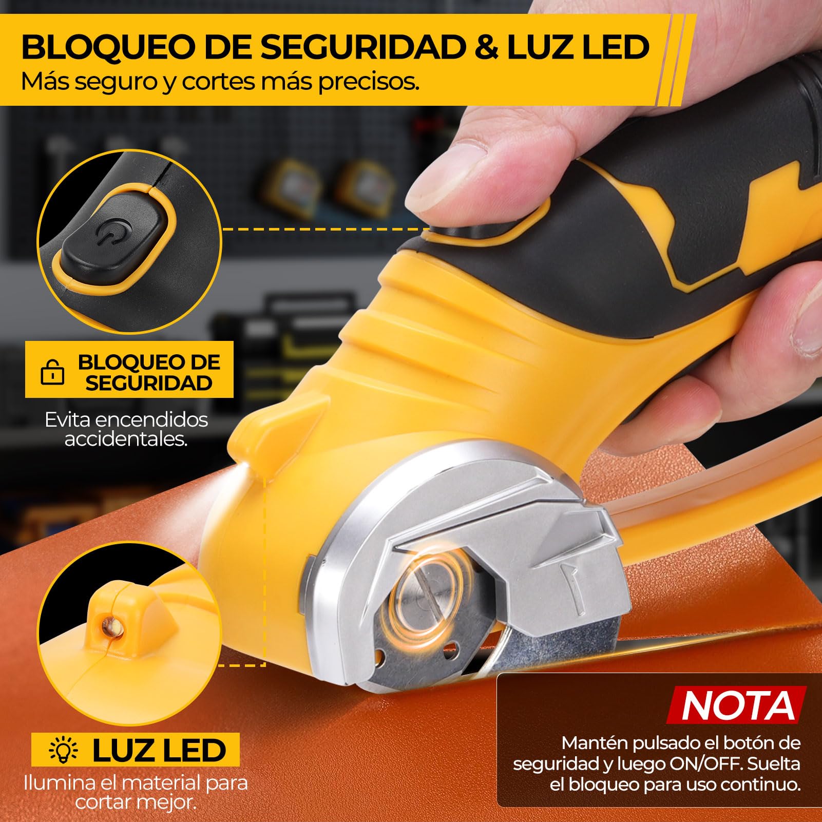 Tijeras Eléctricas Recargables 220RPM, Cortador Eléctrico de Cartón, Cizalla Eléctrica Portátil con Luz LED y Seguridad, para Costura, DIY y Reciclaje de Cartón (Amarillo)