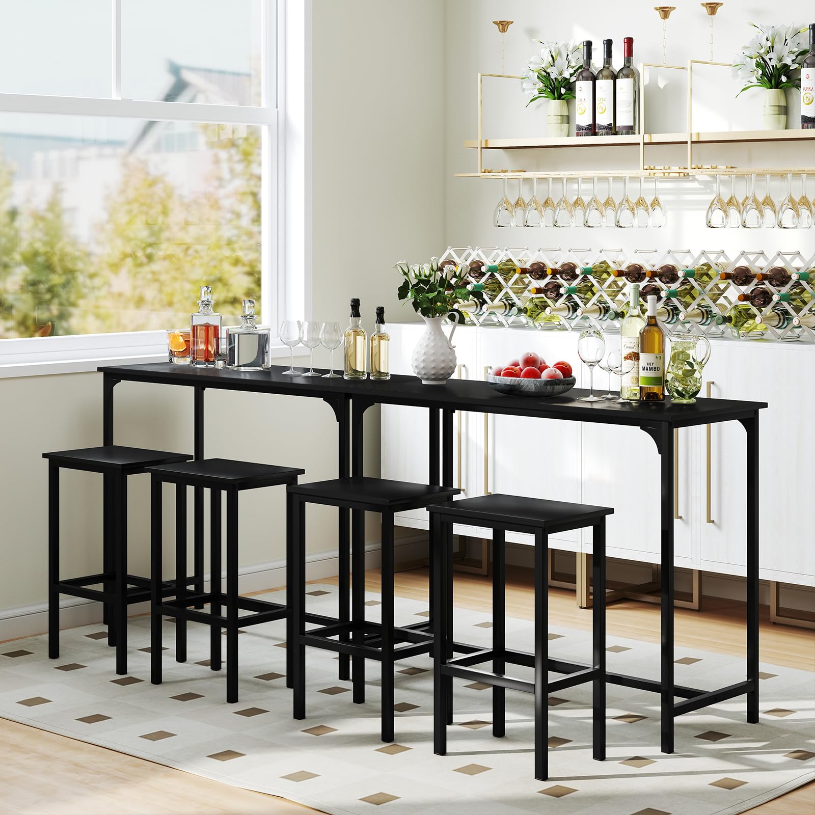 GIANTEX Tavolo Alto Cucina per 3 Persone, Tavolo da Pranzo in Piedi Rettangolare, 2 Sgabelli con Poggiapiedi, Struttura in Metallo, Stile Industriale per Spazio Piccolo, Sala da Pranzo, Ristorante