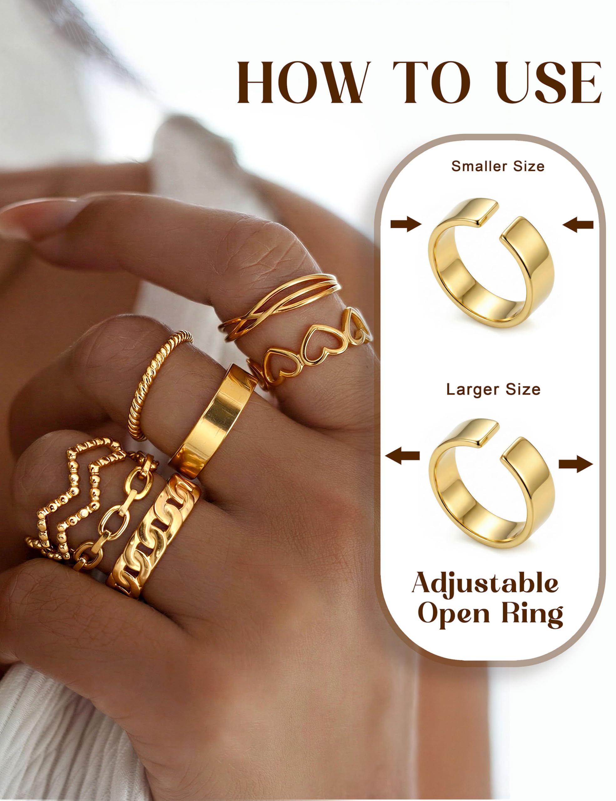 JeweBella 12 Stück Ringe Gold Silber Wasserfest Ring Damen Edelstahl 18K Vergoldete Trendy Stapelbare Offene Ringe Set Frauen Verstellbar Daumenring Fingerring Stapelringe Damen Schmuck
