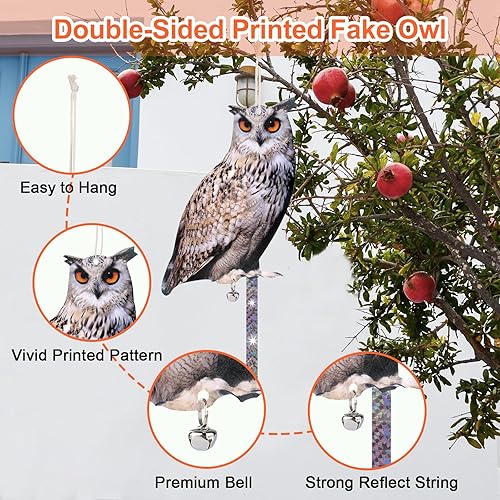 Miniatura 9 de Búho para mantener alejados a los pájaros, paquete de 5 búhos falsos de pájaros, decoración reflectante para pájaros colgantes, dispositivo de