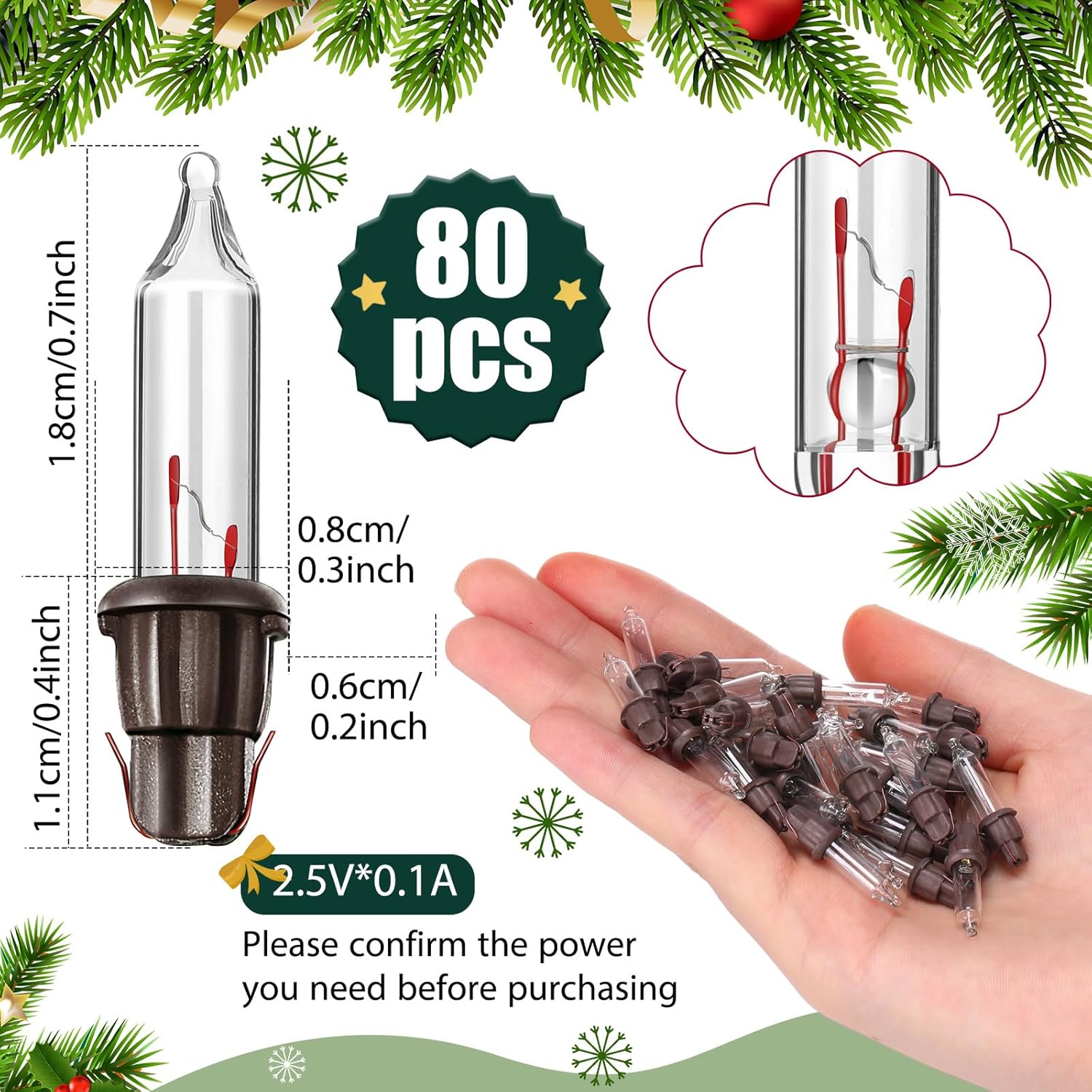 Mudder 80 Count Christmas Replacement Mini Light Bulbs with Base Christmas Tree Incandescent Wire String Lights Replacement Bulbs for Xmas Indoor Outdoor Decor(Brown Base Warm White,2.5Vx0.1A)