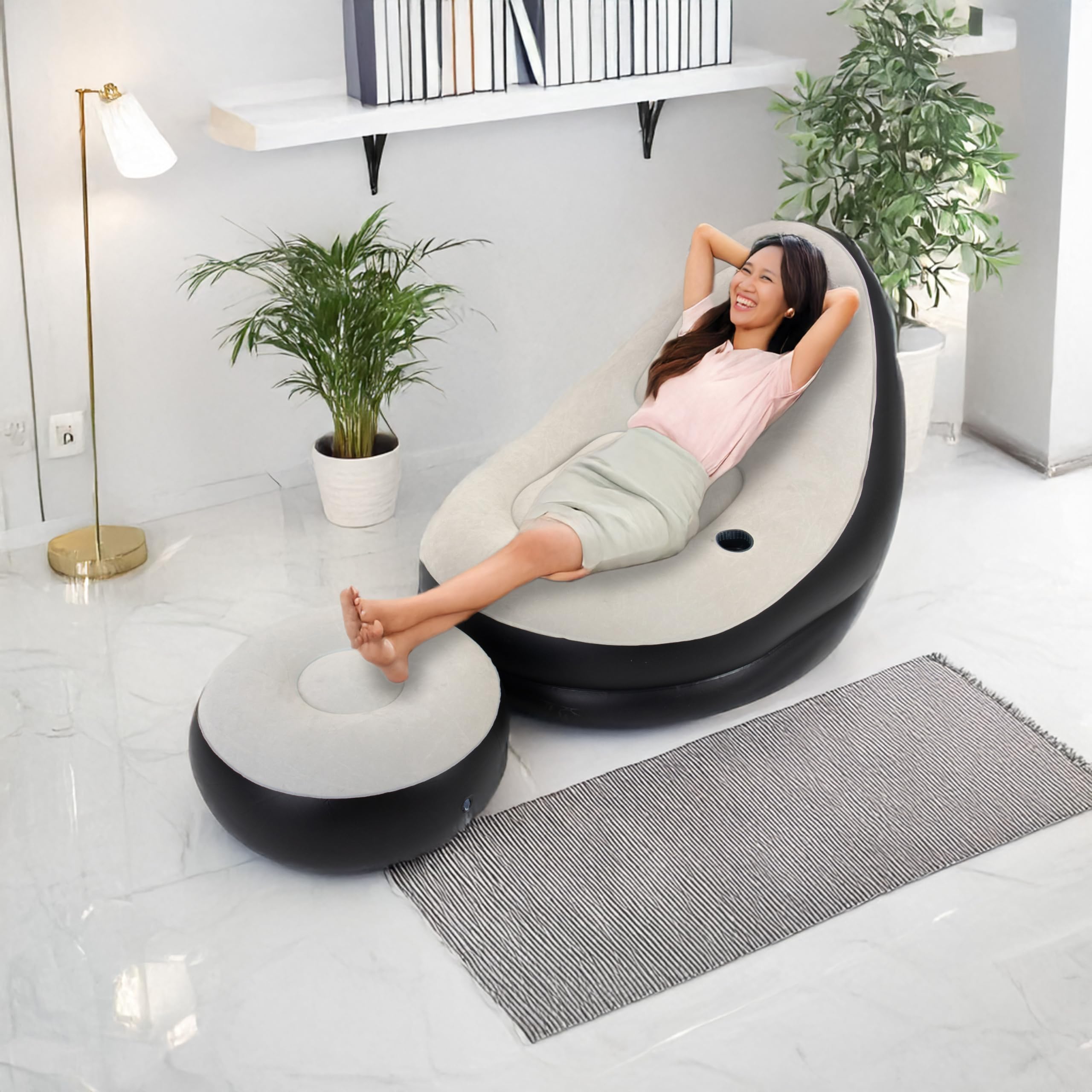 AVENLI Sillón Hinchable Flocado, PVC, Gris y Negro, Grande