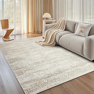 Srugn 5x7 Washable Area Rug - Ultra Soft Faux Wool Non-Slip Low Pile Retro Vintage Floral Print Beige Ivory Cream Brown Camel for Living Bedroom