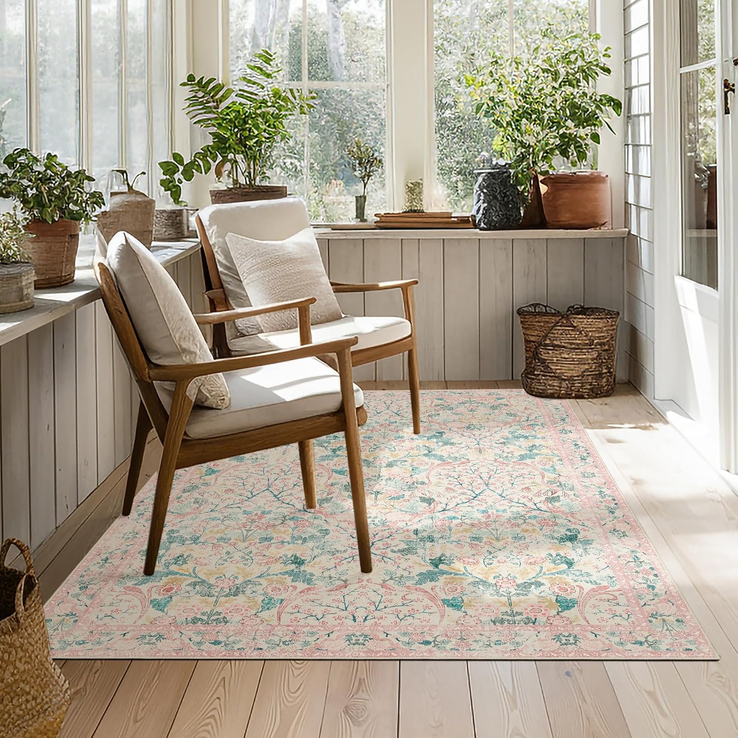 MUJOO 3x5 Pink Rug Washable,Floral Area Rug for Bedroom Office Entryway Living Room Bedside,Small Throw Carpet Boho Non Slip Indoor Floor Botanical Vintage Ultra-Thin