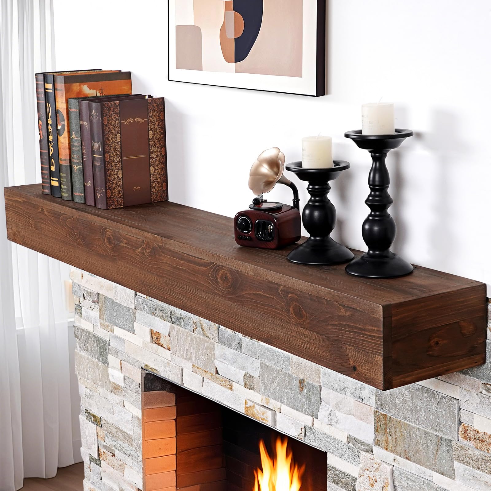 G GOOD GAIN Fireplace Mantel 54 inch - Handcrafted Rustic Solid Wood Mantel l Floating Mantle Shelves Decor for Wall, Bedroom, TV, Books, Livingroom.DarkWalnut