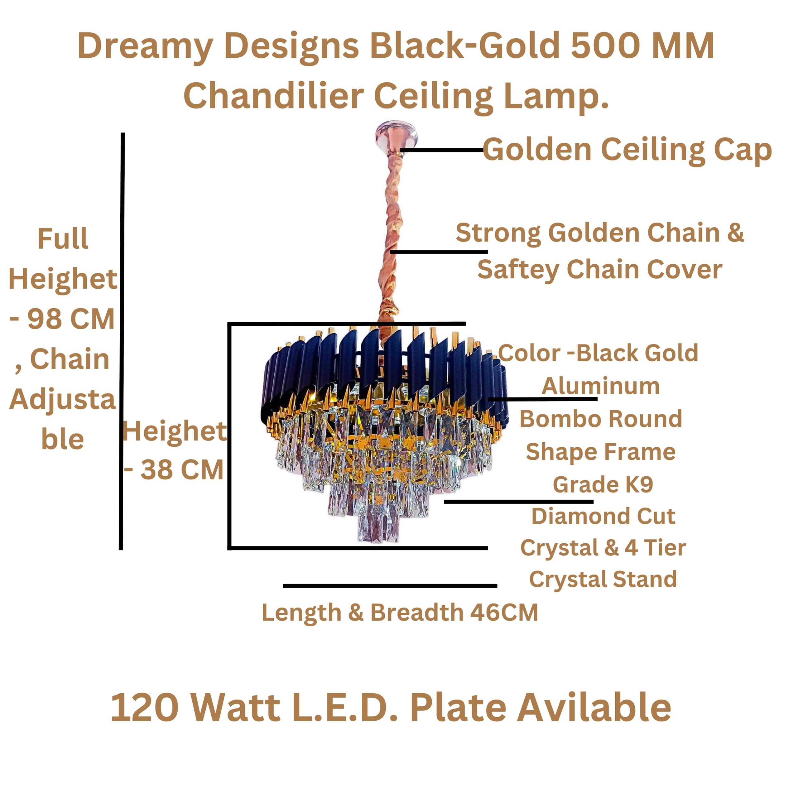DREAMY DESIGNS Chandelier Lights for Ceiling Black Gold 500 MM 4-Tier Crystal Chandeliers for Living Room with 3 Mode LED Light Plate for Hall Modern Jhumar Designer Bedroom and Dining Room 1
