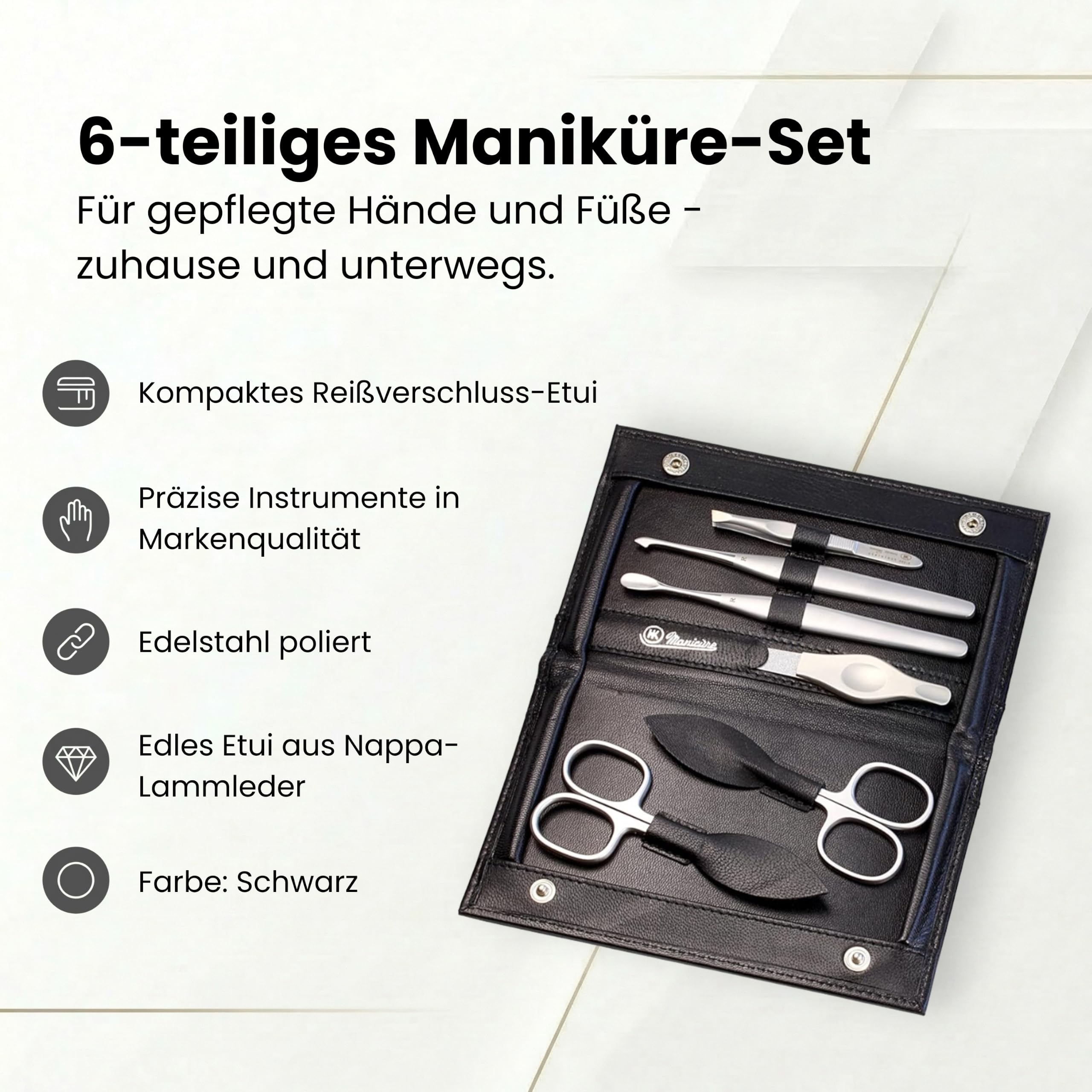 Hans Kniebes Maniküre Set 6-teilig Edelstahl Rostfrei - Nagelpflegeset für Damen und Herren im Leder Etui - Inkl. Nagelschere, Nagelfeile, Nagelhautentferner - Pediküre Set & Fußpflege Set