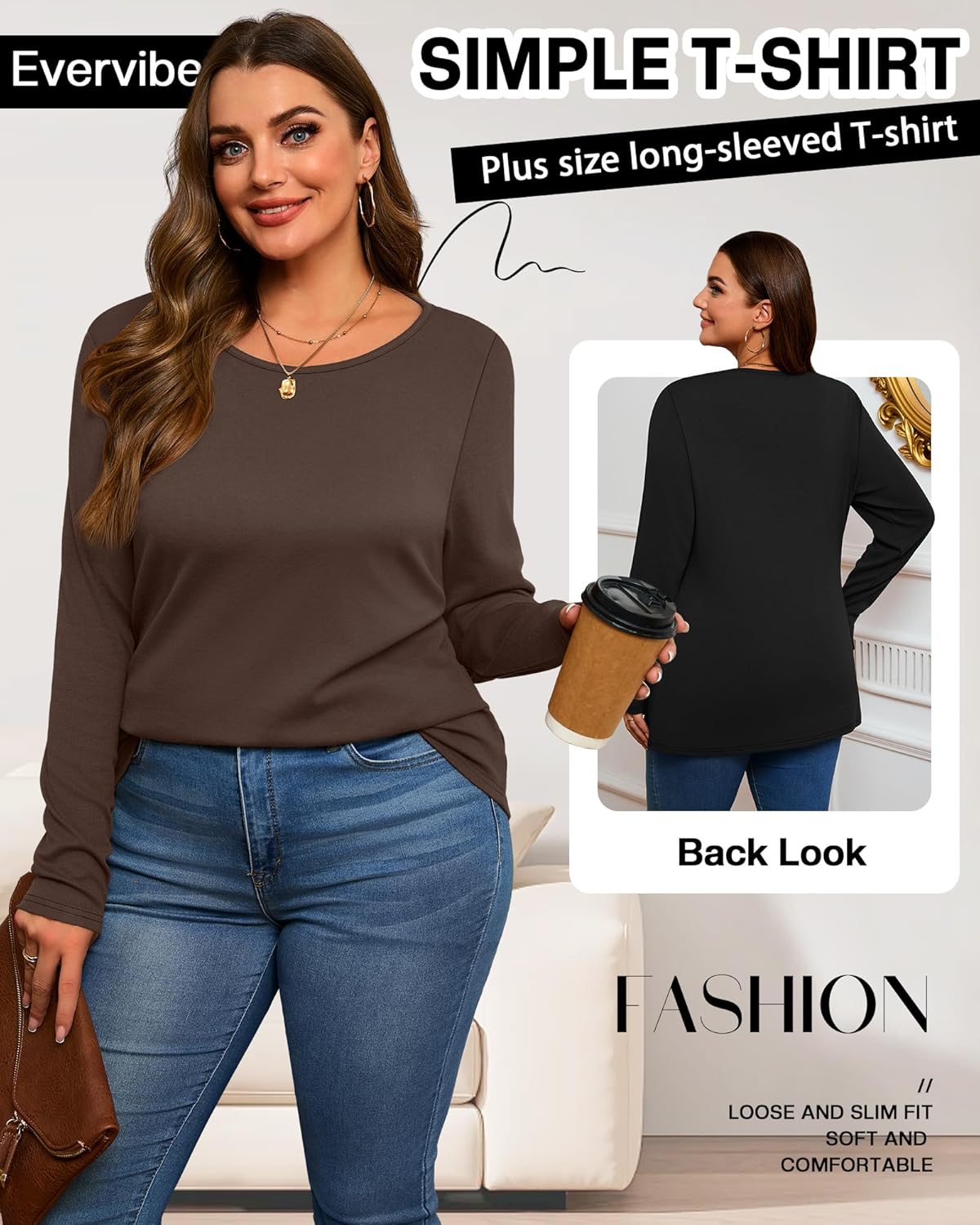 3 Pack Women's Plus Size Cotton Shirts, Scoop Neck Long Sleeve Casual Tops Form Fitting Knitted T-Shirts Blouses - Image 5