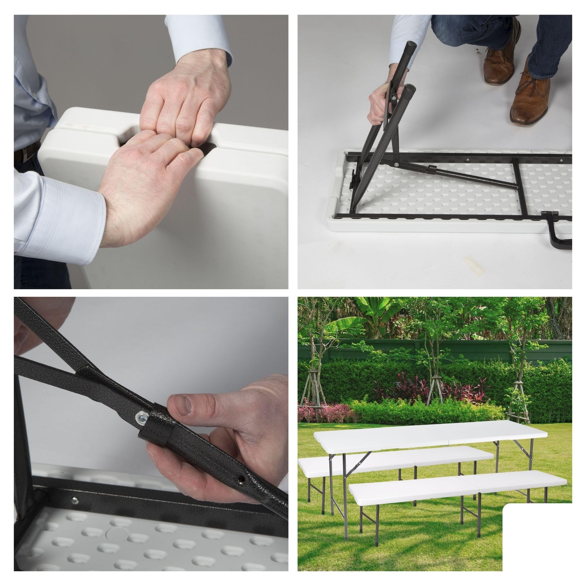 Perel Panca pieghevole con maniglia, panca da esterno resistente alle intemperie per giardino, terrazza, balcone, campeggio, picnic, barbecue o festa, portatile fino a 400 kg, bianca