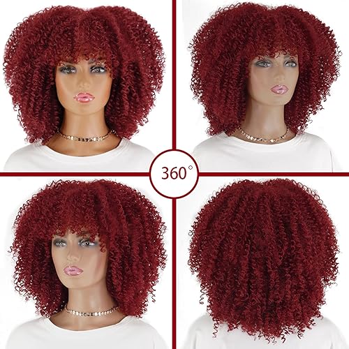 Miniatura 9 de LINGHANG Pelucas afro cortas y rizadas con flequillo para mujeres negras, pelucas rizadas afro marrones para mujeres negras, pelucas sintéticas