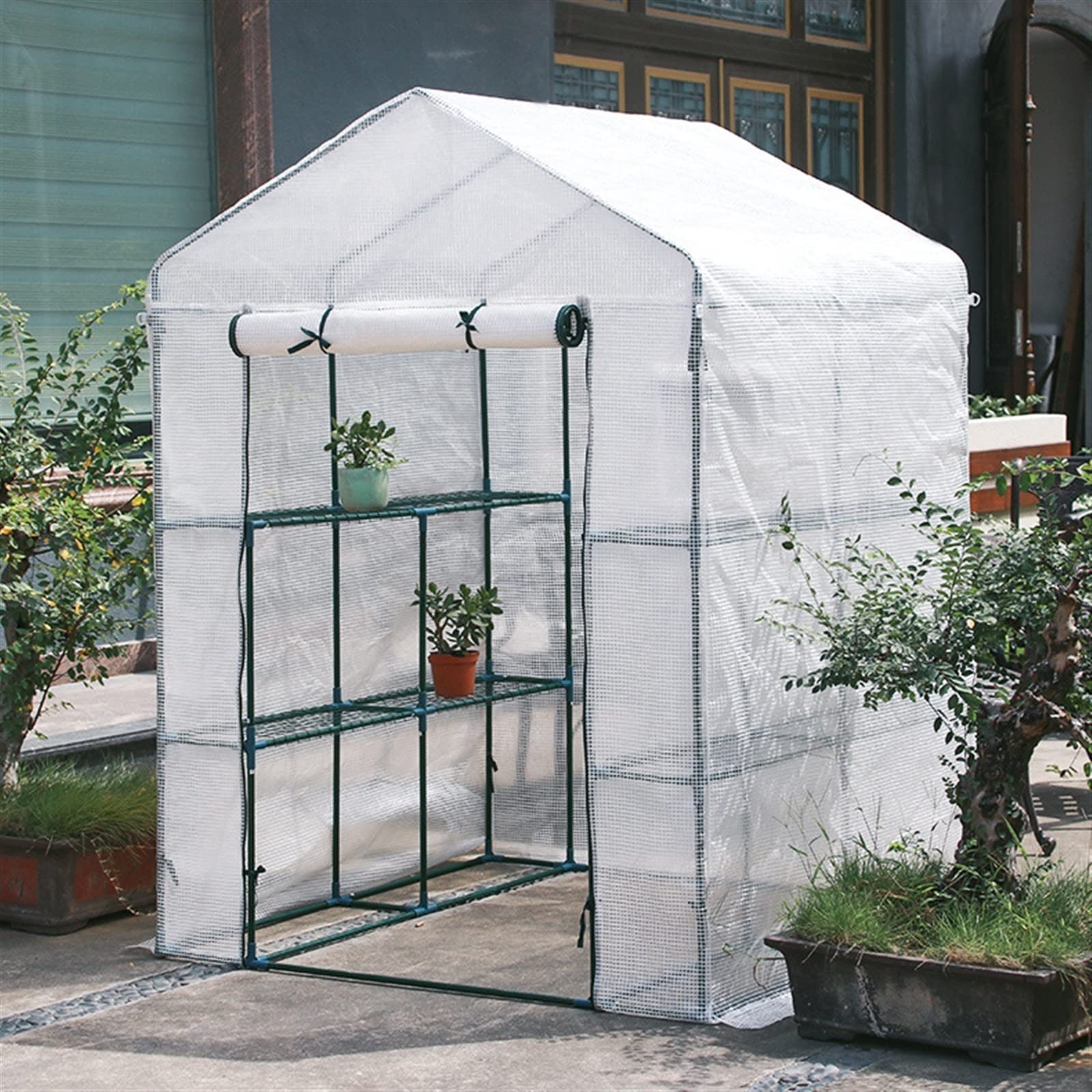 Serra da Giardino Portatile Rinforzata Walk-in, Scaffali da Giardinaggio Robusti con Copertura Durevole, Finestre Laterali Avvolgibili, per Uso Esterno E Interno, Tende per Piante in Vaso