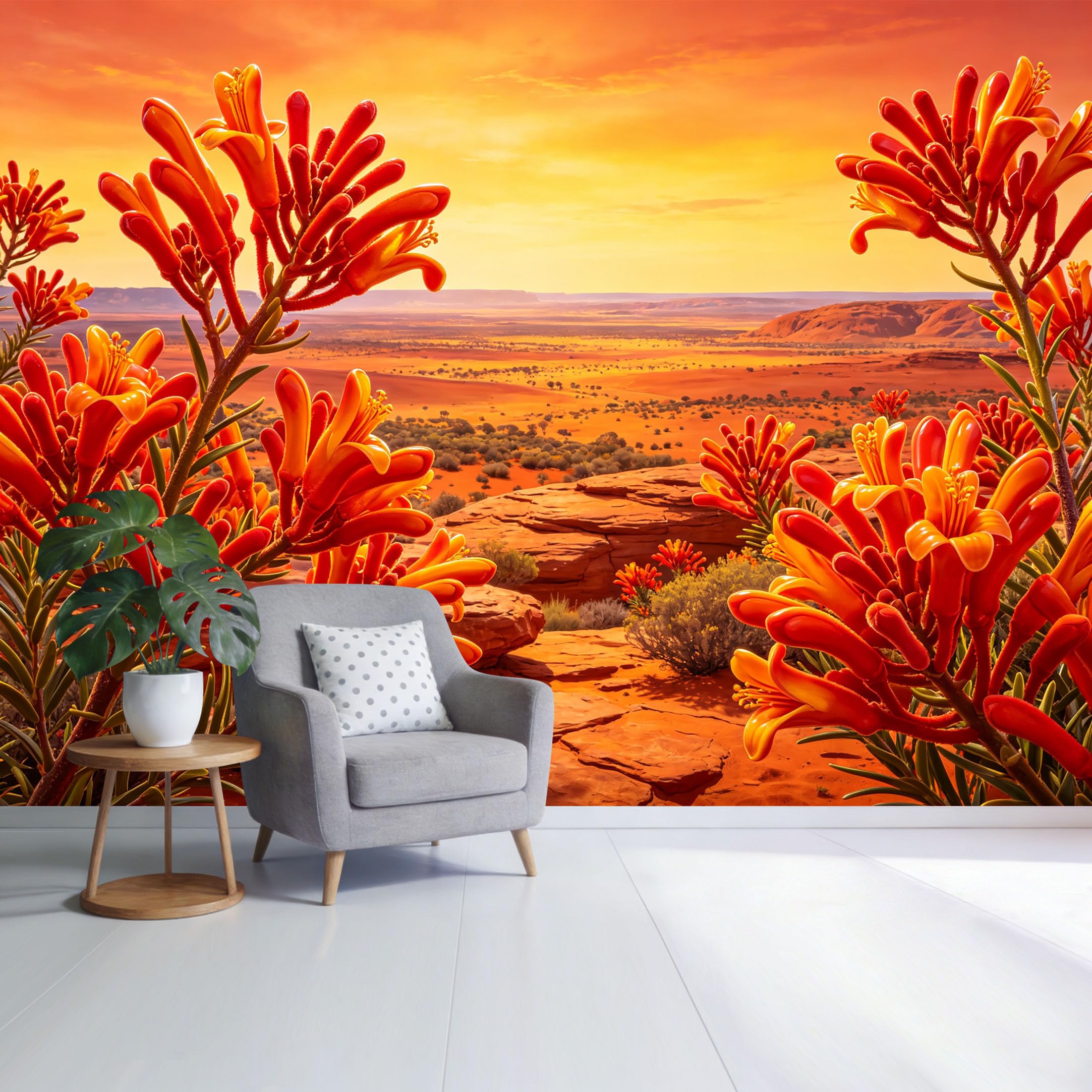 Custom Size Wall Mural Desert Landscape Sunset Orange Wildflower Botanical Tropical View SelfAdhesive Wall Fabric Removable Wallpaper for Home Office Decor