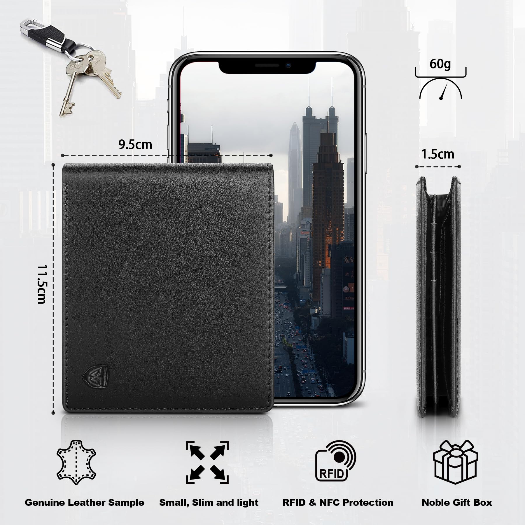 WONSEFOO Portefeuille Homme en Cuir Blocage RFID, Mince Porte-Monnaie avec Porte-Clés, 10 Porte-Carte de Crédit (fenêtre ID), 2 Compartiment à Billets, 1 Grande Poche à Monnaie, Cadeau Parfait-Noir