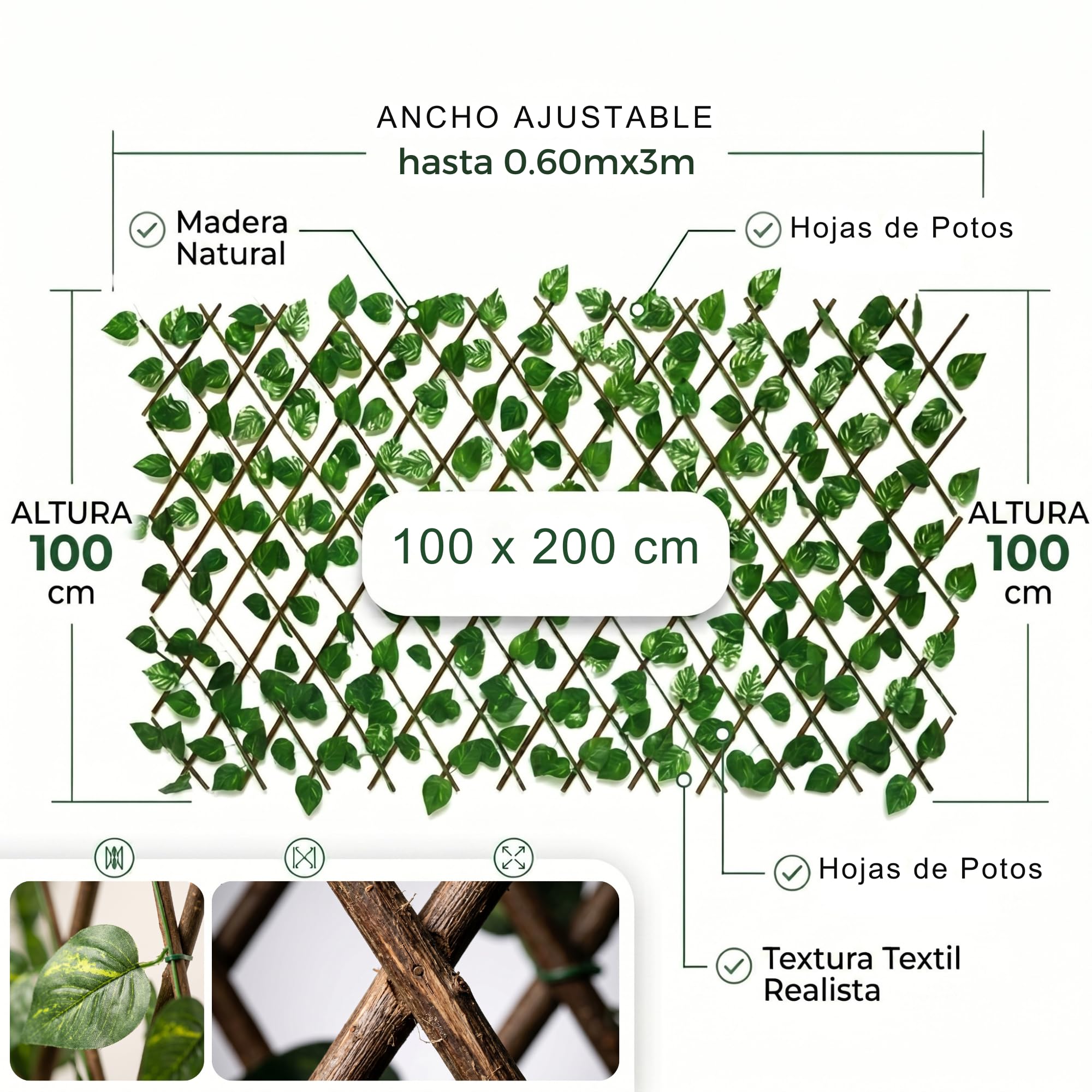 Celosia para Terraza Exterior Extensible 100x200cm de Madera y Hoja Potos Incluye Bridas – Decorativa, Resistente y Versátil – para Jardín, Balcón y Terrazas