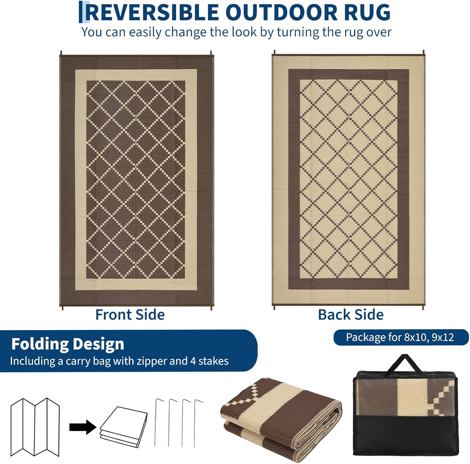 Outdoor Rug for Patio 9x12 Waterproof Camping Mat Reversible Plastic Straw Floor Carpet Modern Diamond Indoor Outdoor Large Area Rug for RV Deck Balcony Backyard Brown/Coffee