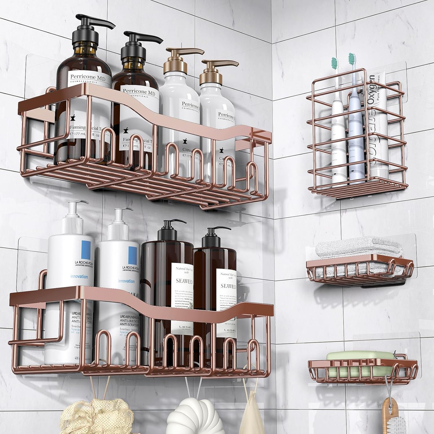 5-Pack Rustproof Stainless Steel Shower Caddy – No Drill Adhesive Bathroom Organizer with Large Capacity, Spacious Shower Shelves for Inside Shower, Kitchen & Home Decor Storage Pink Gold 5-piece set