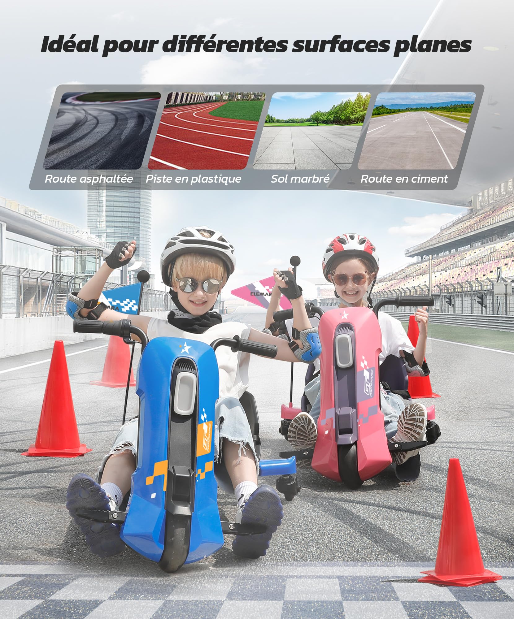 ELEMARA Kart Electrique avec Vitesse sans Pas, 12V Drift Kart électrique pour Enfants avec Siège Réglable, Go Karts avec Musique, Bluetooth, Lumière, Pennant, pour Enfant âgé de 6 à 14 Ans, Bleu