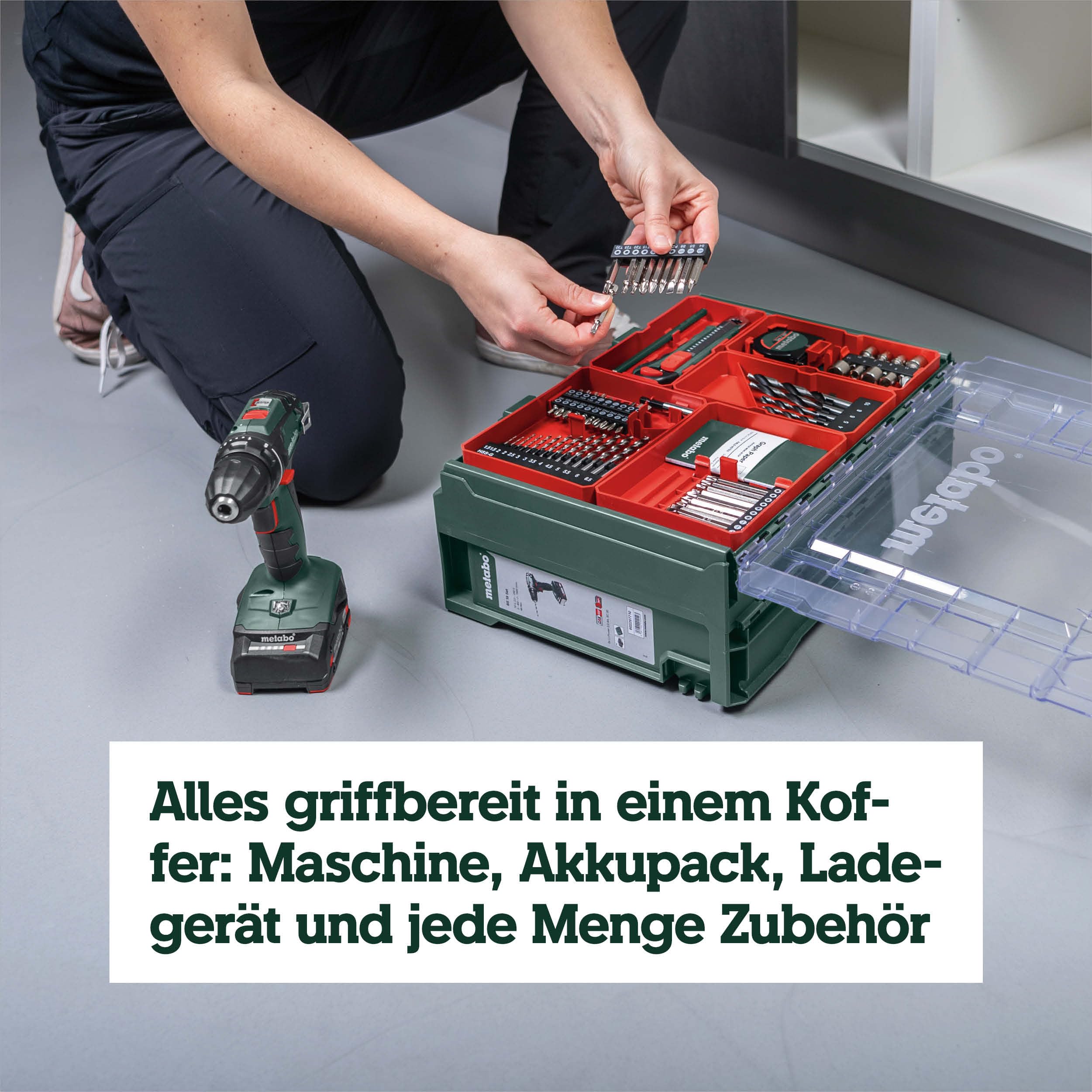 metabo Akku-Bohrschrauber BS 18 Set, 18 V Schrauber, 74-tlg. Zubehör-Set | Mobile Werkstatt im Koffer, inkl. 2 x 2.0 Ah Li-Power Akkus, Ladegerät, LED-Licht, Gürtelhaken, Schnellspannbohrfutter