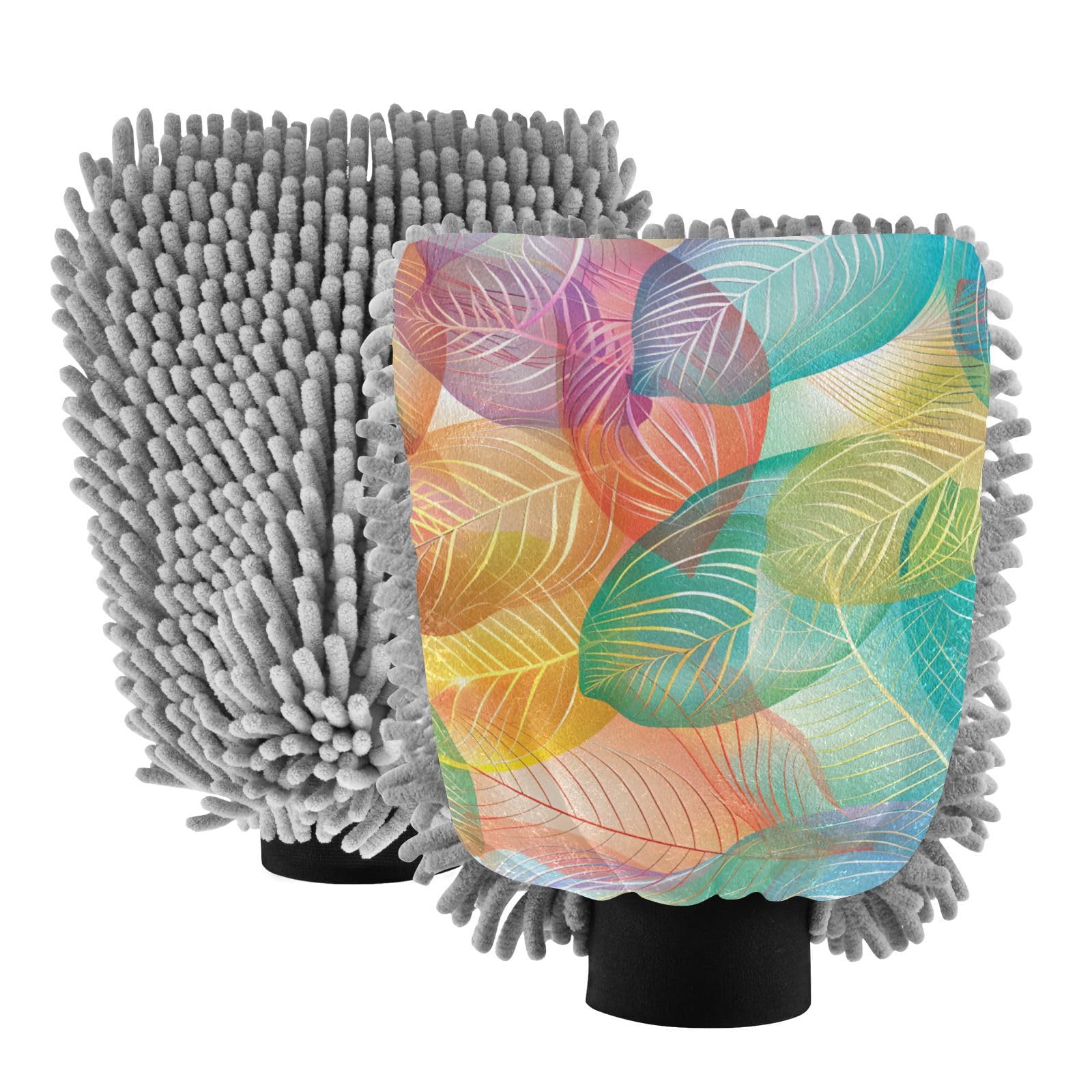 IOACIY Absorbent Microfiber Car Wash Drying Mitts, 2 Pack, Scratch-Free & Lint-Free, Rich Foam, Highly Absorbent, Double Sided, Wash Mitt Perfect for Car Washing, L, Leaf (1)