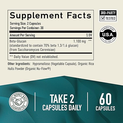 Miniatura 5 de Suplemento beta glucano de 1100 mg para apoyo a la inmunidad, la piel y el intestino | Fórmula extra fuerte 1,3D y 1,6 beta-glucanos | 85%
