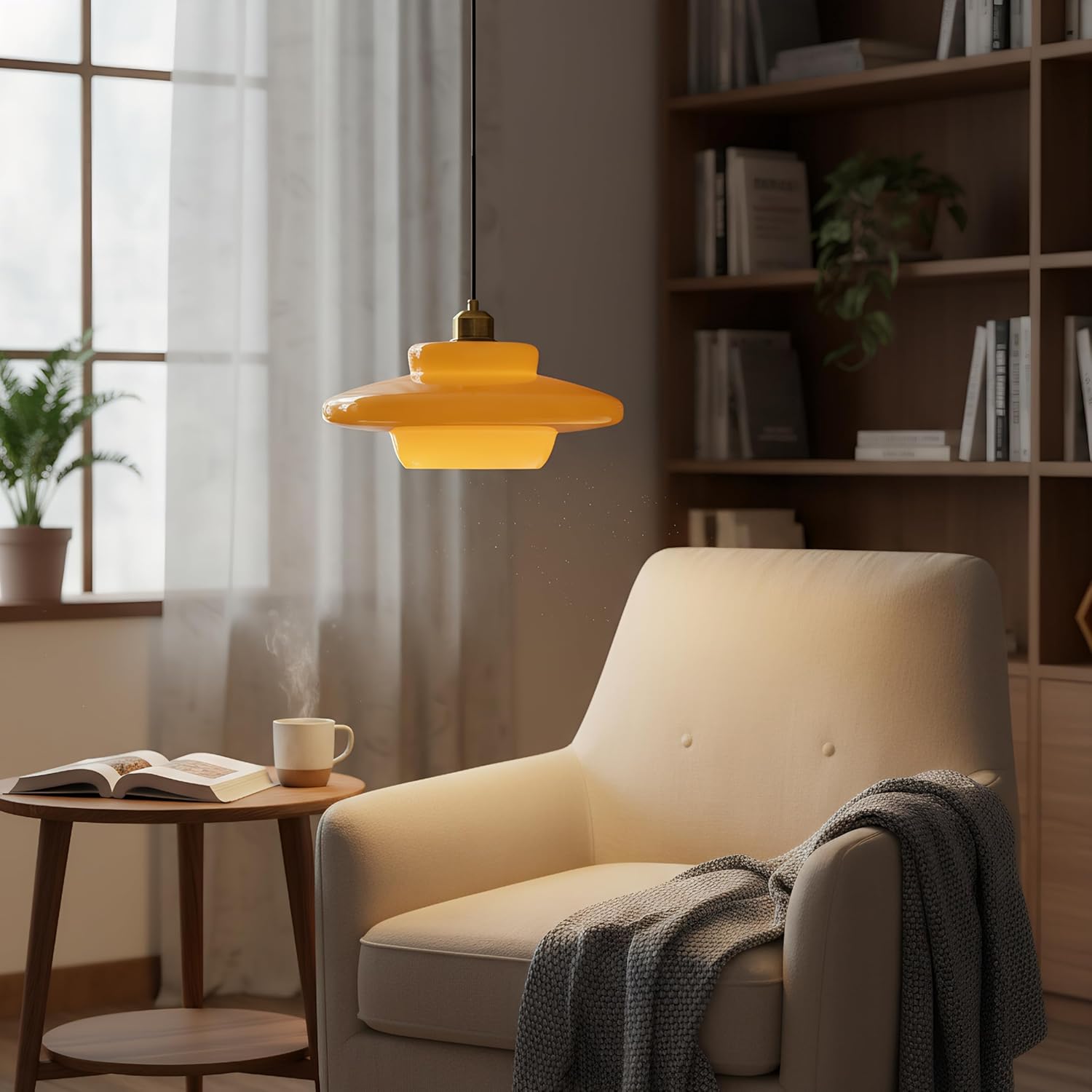 Mid-Century Milk Glass Pendant Light with Gold Metal Holder, Indoor Ceiling Hanging Lamp, E26 Farmhouse Modern Lighting for Kitchen Island, Dining, Living Room (Cream Yellow, A)