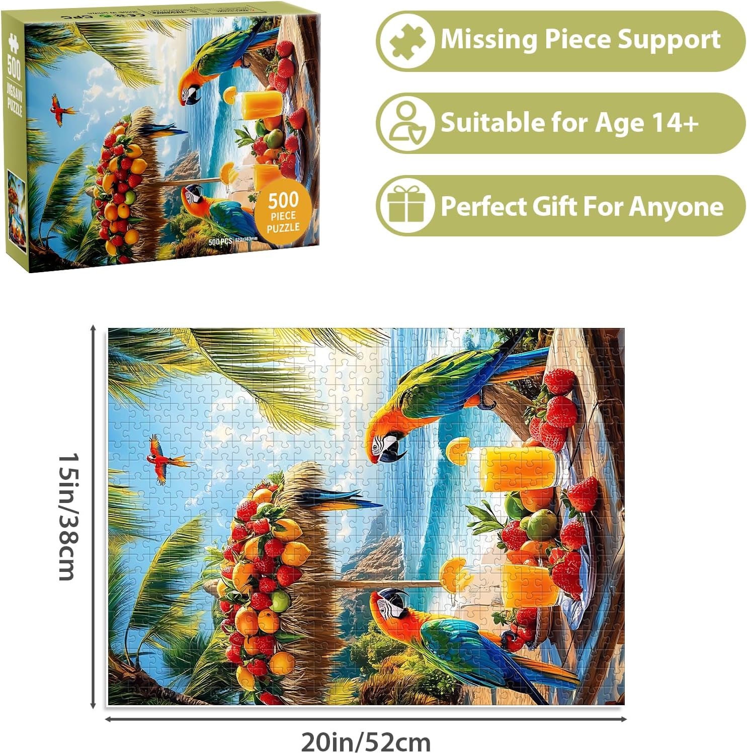 Puzzles for Adults 500 Pieces, Fruit Parrot Beach Puzzle, Tropical Ocean Summer Jigsaw Puzzle 500 Piece for Adults Seniors, Perfect for Game Night Giving Puzzle Family Friends, 20.5x15 in
