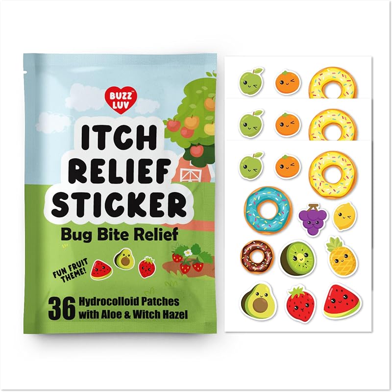 Buzzluv Hydrocolloid Itch Relief Patch, for Mosquitos, Ticks, Midges | Sandflies bug bite relief, Anti-itch patch with Aloe and Witch Hazel, Insect bite relief, Kid-friendly, natural fruit theme