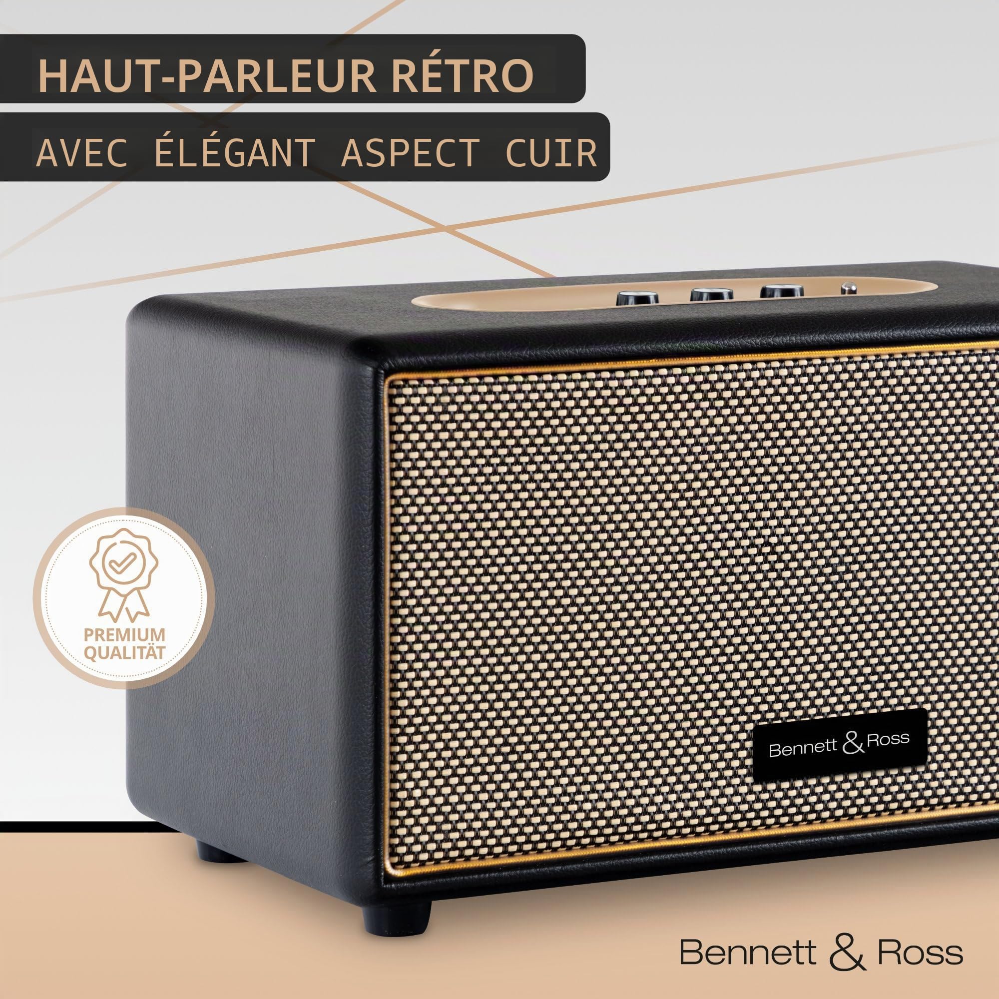 Bennett & Ross BB-860BK Blackmore Haut-Parleur Bluetooth rétro en Cuir - Haut-Parleur Vintage avec 2X 30W - Speaker Entrée USB avec Lecteur MP3 - Jack 3,5 mm avec aux-in - Enceinte en Noir