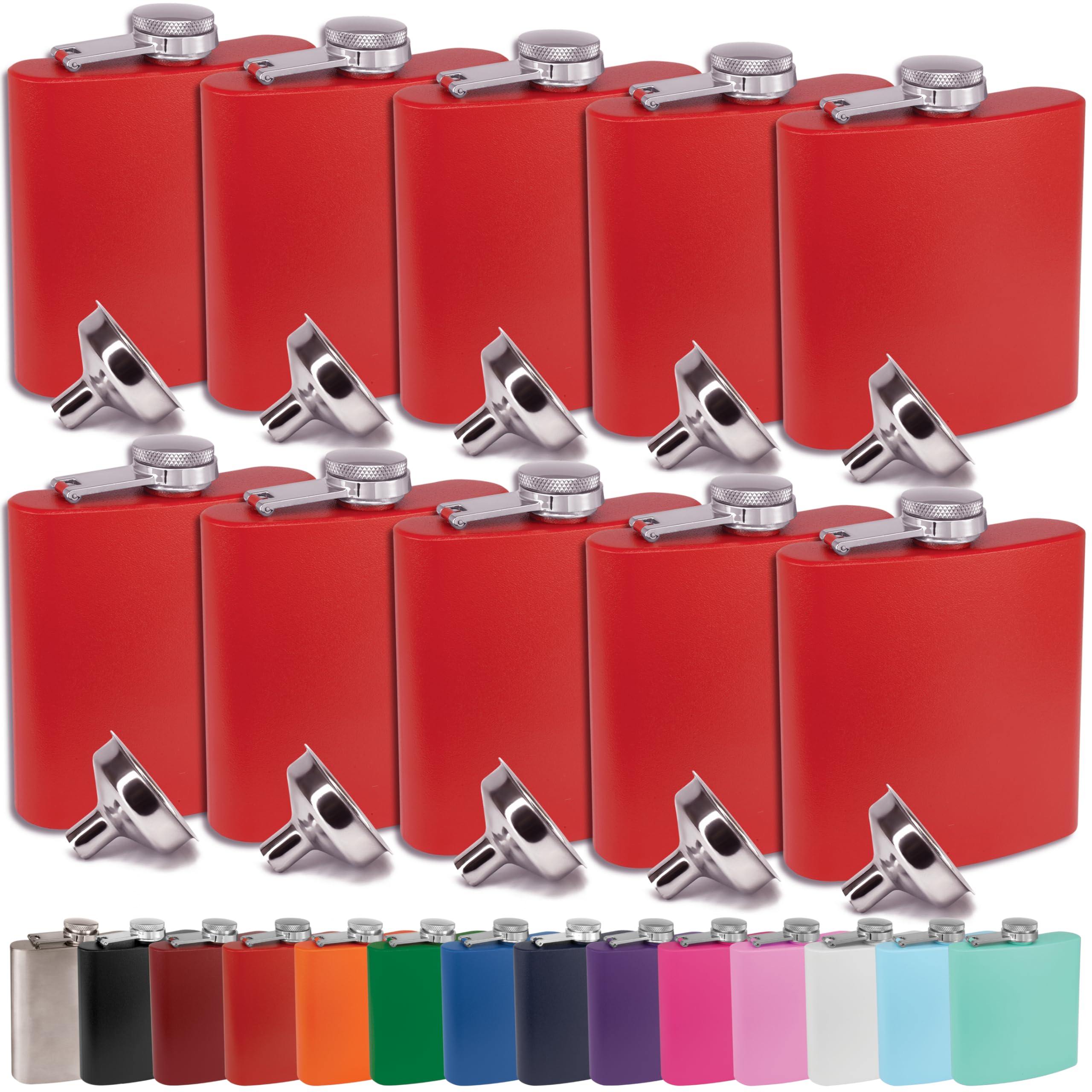6 oz Stainless Steel Hip Flask w/Flask Funnel for Men & Women - Powder Coated Hip Flask Gift Sets, Groomsmen, Bridesmaids, Wedding Party Whiskey Flask, Clear Water Home Goods (Matte Red, 10)