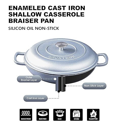 Miniatura 6 de Bruntmor - Horno holandés tipo sartén skillet hierro fundido esmaltado, 3.8 cuartos de galón, asas y tapa utensilio cocina poco profundo, cocción