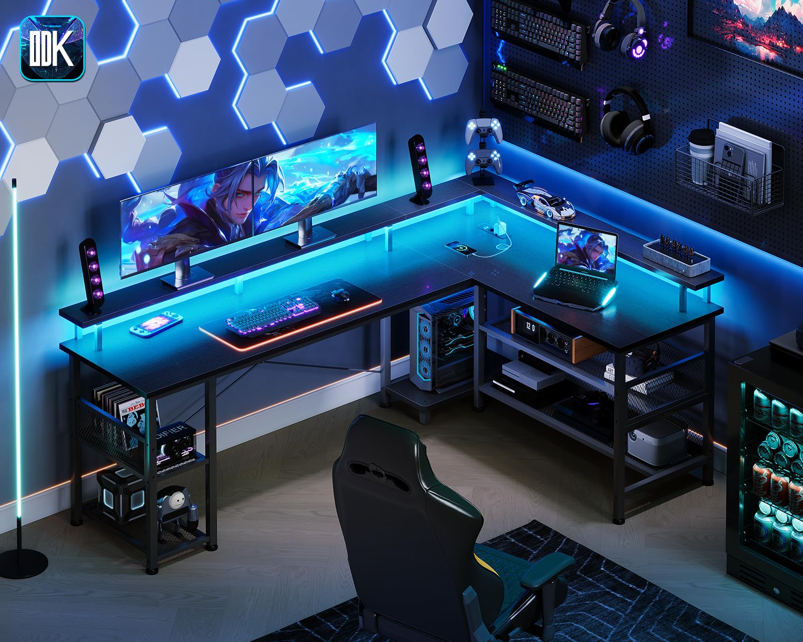 ODK Gaming Eckschreibtisch mit LED und Steckdose, 168×120 cm, Schwarz | Gaming Tisch mit Regal in L-Form, Schreibtisch mit Ablagefach & Stauraum, Reversibel, für Home Office & Wohnzimmer