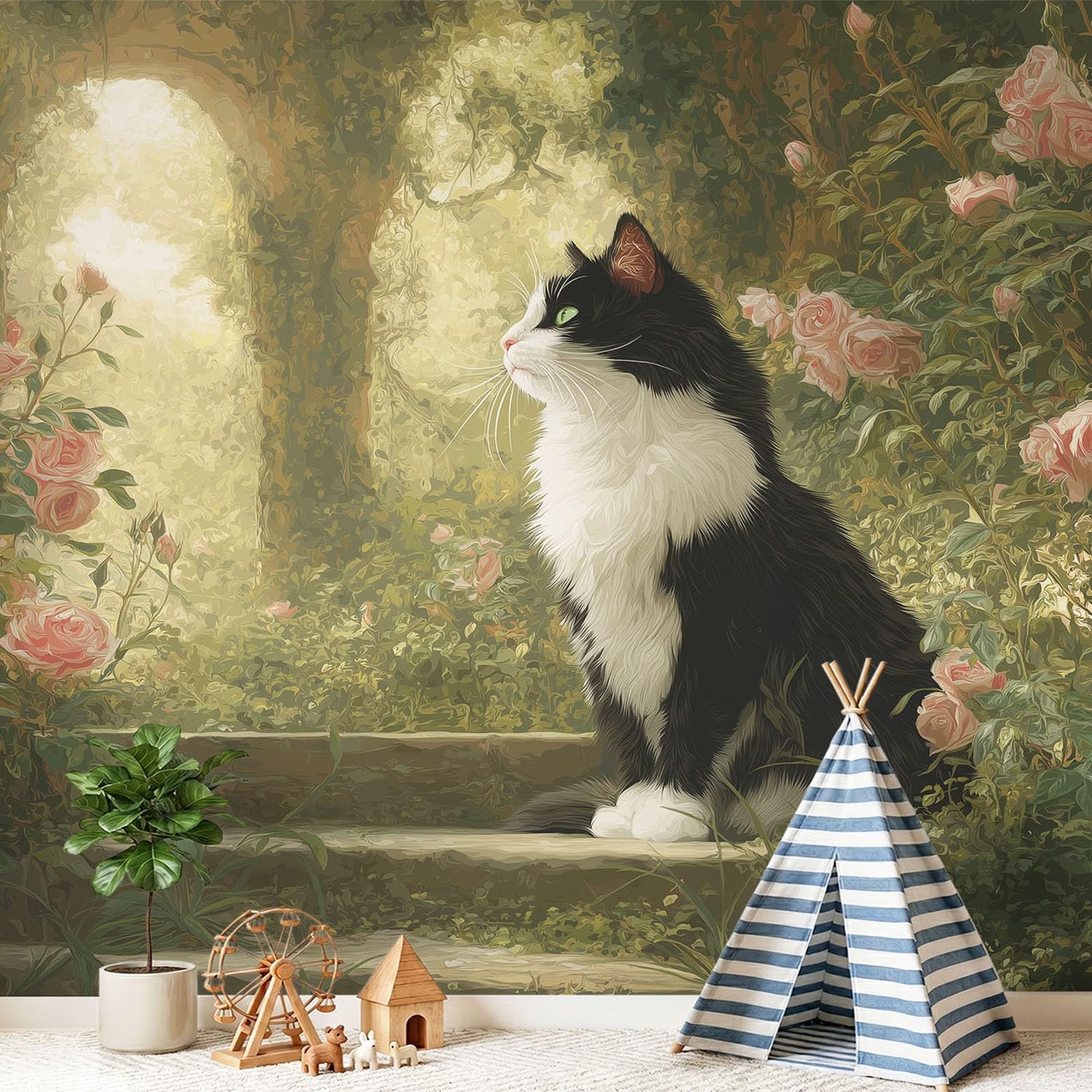 Fototapeta vintage, przytulna, wiejska fototapeta dekoracja plakat kot, kwiatowy, zwierzę zdjęcie tapeta wysokiej jakości mural salon, sypialnia, biuro dekoracja domu