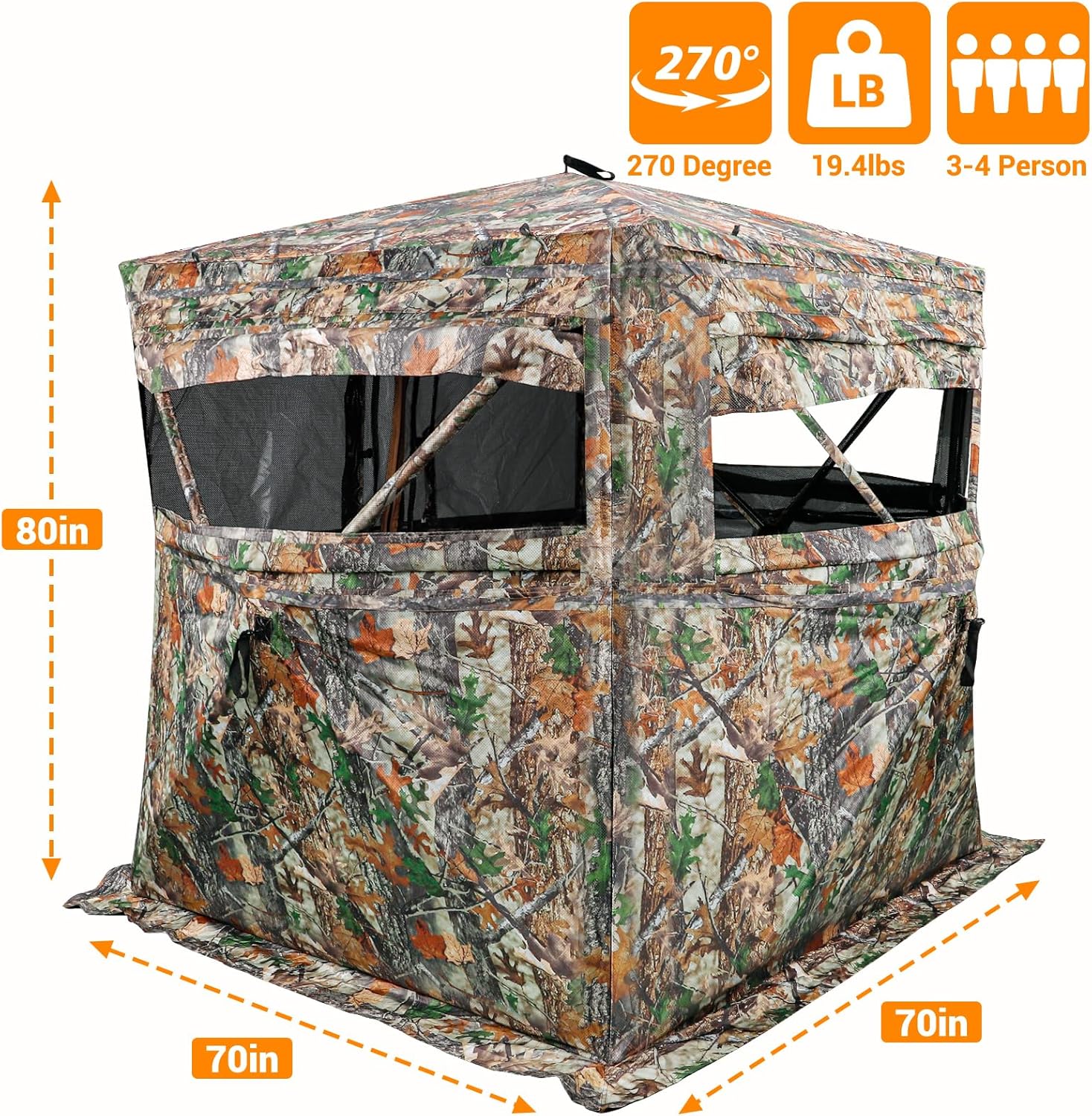 70“*70”*80“ Hunting Blind 360°See Through with Carrying Bag, 4 Person Pop Up Ground Blinds, Portable Resilient Hunting Tent