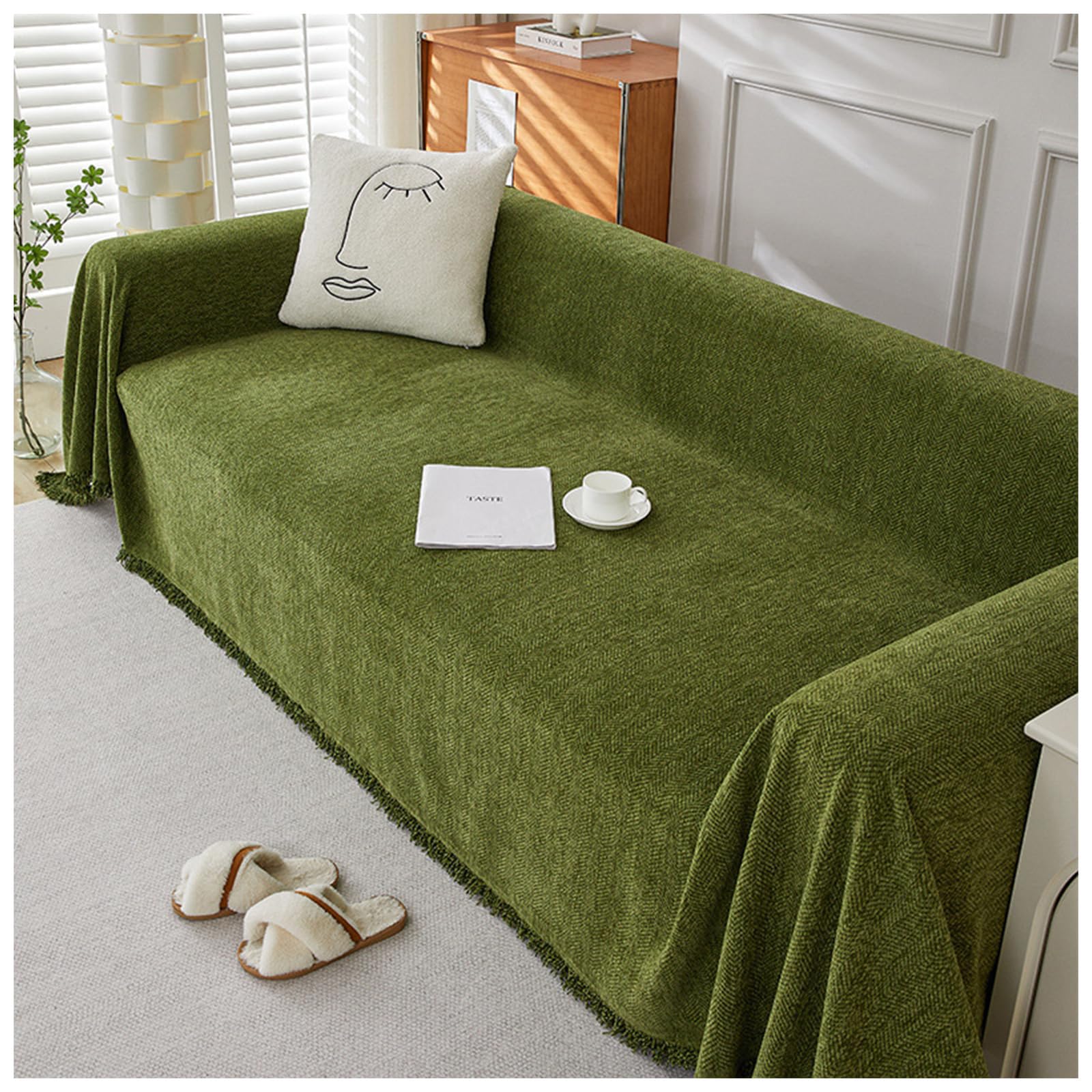 Chenille Blanket Herringbone Tassel Couch Cover, Anti-Scratch 1 2 3 4 Seater Washable Slipcover, All-Seasons Soft Chenille Couch Protectorfor Sofa Furniture Home Decoration (B-Dark Green,180*230cm)
