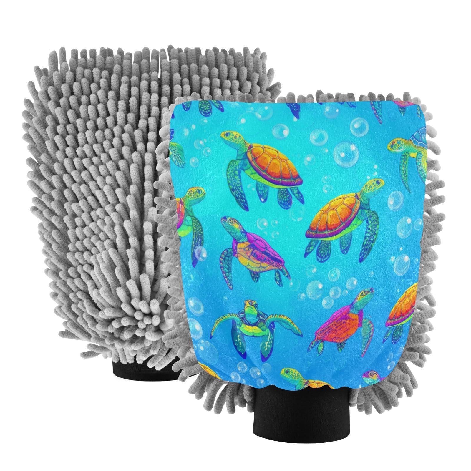 Kigai Colorful Sea Turtles Car Wash Mitt Microfiber, 2Pcs Scratch Free Lint-Free, Premium Chenille Microfiber Mitt Car Wash Brush-M