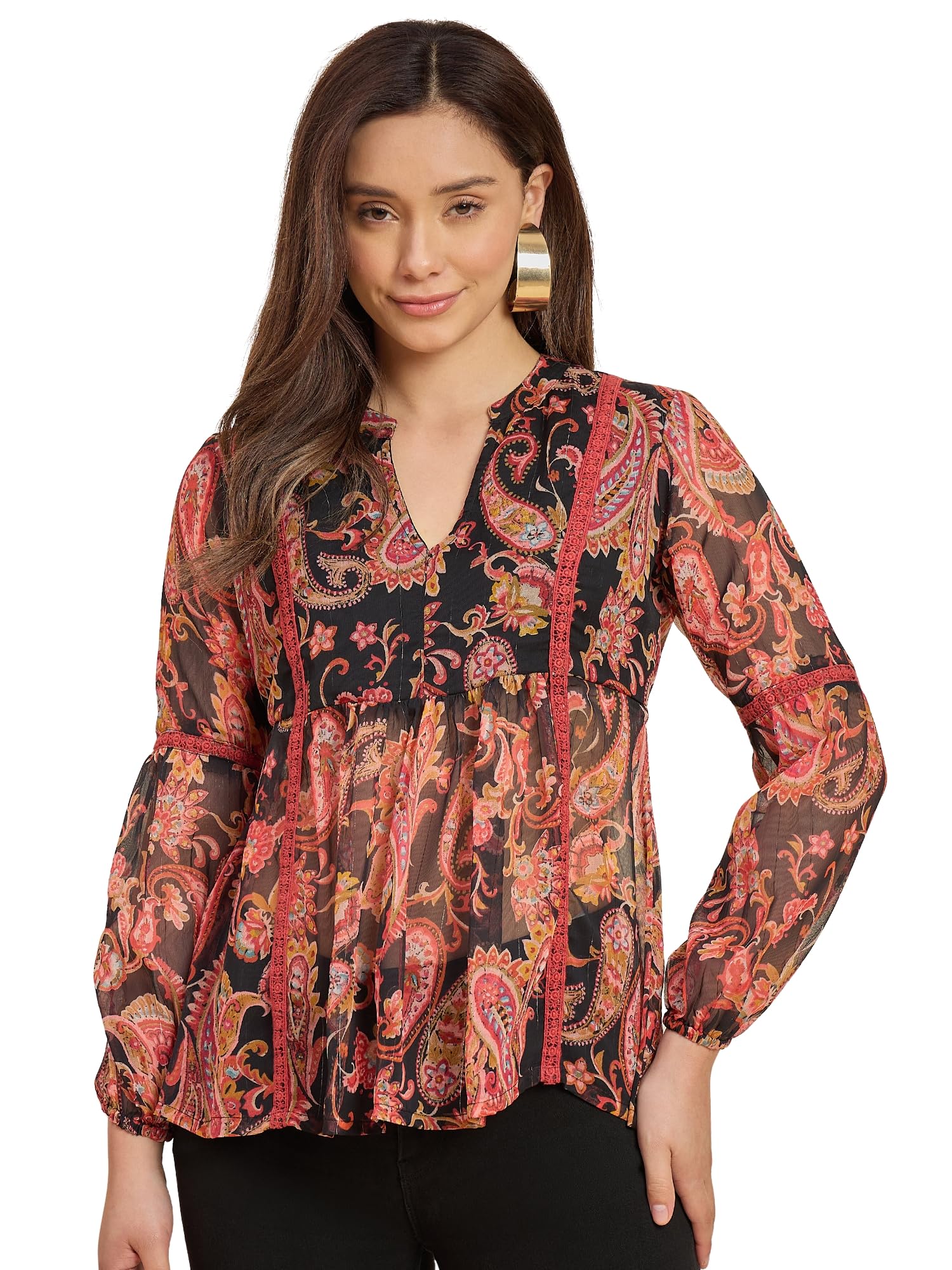 Azira Black & Red Paisley Printed Peplum Top with Lace Detailing-picture-18