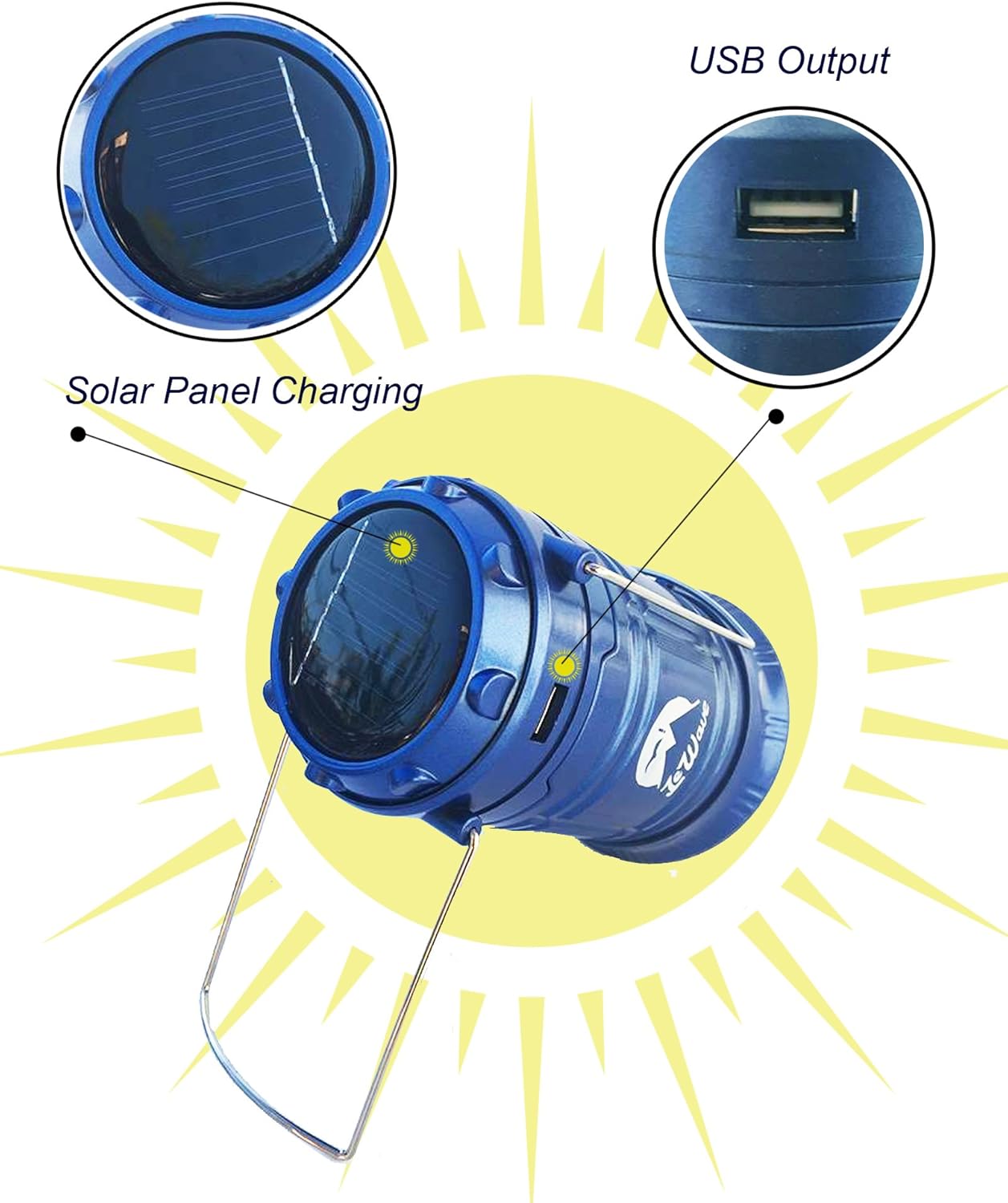LeWave Camping Lantern Solar Powered - 6+1 LED Lights - Solar Rechargeable Lamp - USB Power Bank - Emergency Flashlight - 2 in 1 Design - AC Cable - Outdoor Camping, Outage Natural Disaster