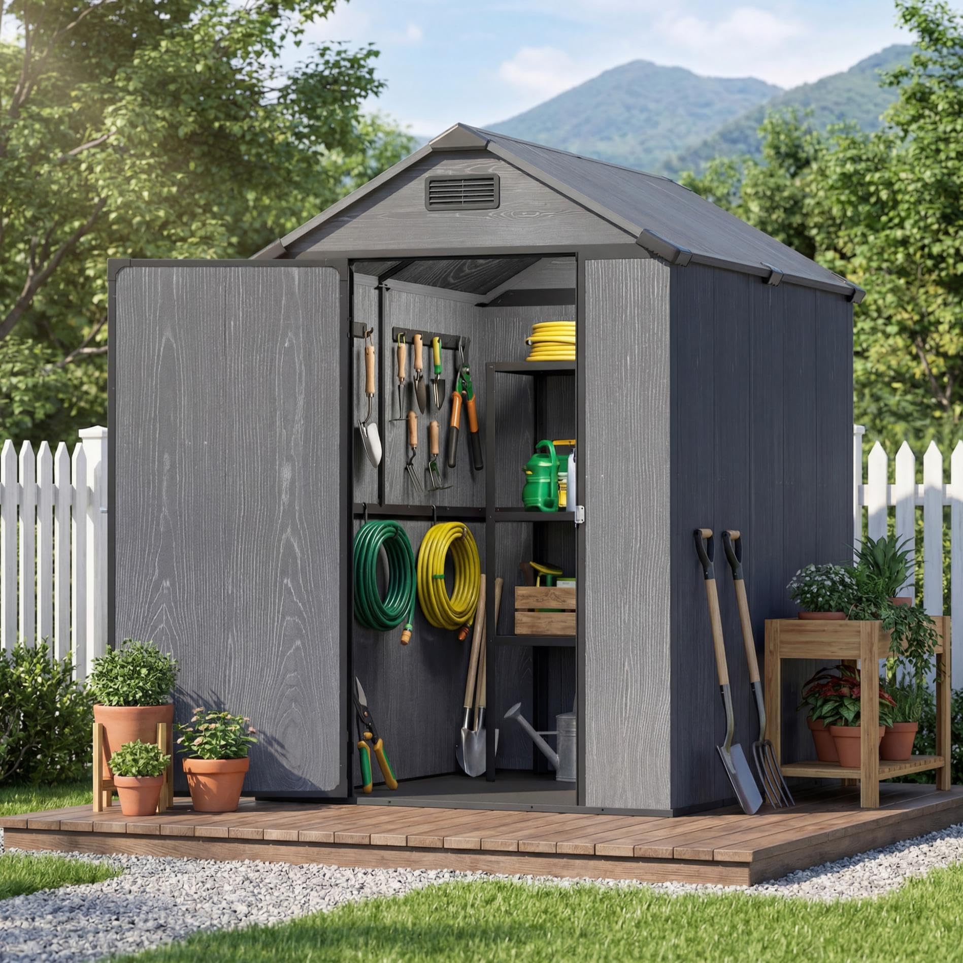 Devoko 4x6 FT Plastic Outdoor Storage Shed with Floor, Outdoor Resin Shed with Lockable Door, Sloped Roof &amp; Vent, Versatile Tool Shed for Patio Lawn Backyard, Deep Grey