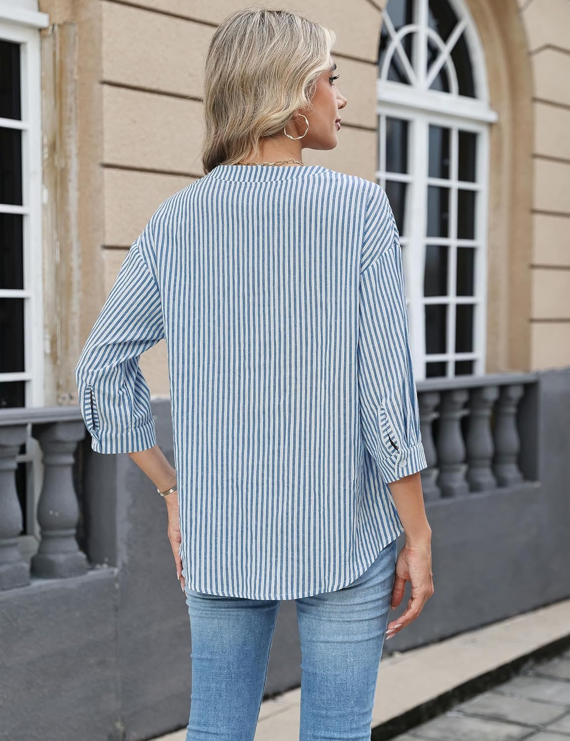 Micoson Womens 3/4 Sleeve Tops Cotton Linen Button Down Shirts V Neck Pleated Casual Loose Blouses Roll Up Sleeve Shirt - Image 3