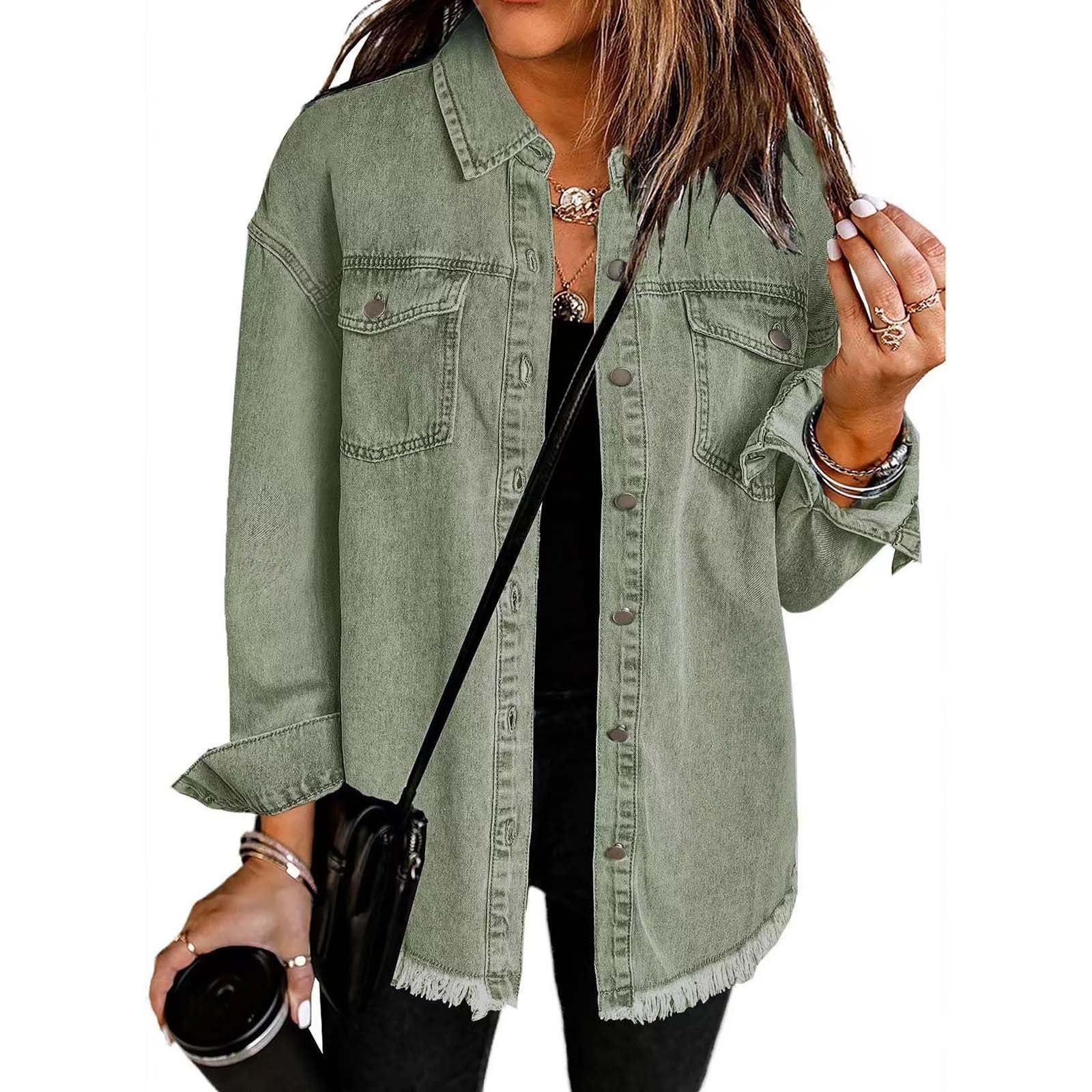 HUIFUAO Camicia di Denim Lavato Giacca Donna Oversize Button Down Cappotto di Jeans con Tasca Manica Lunga Camicetta di Denim Sfrangiato Top