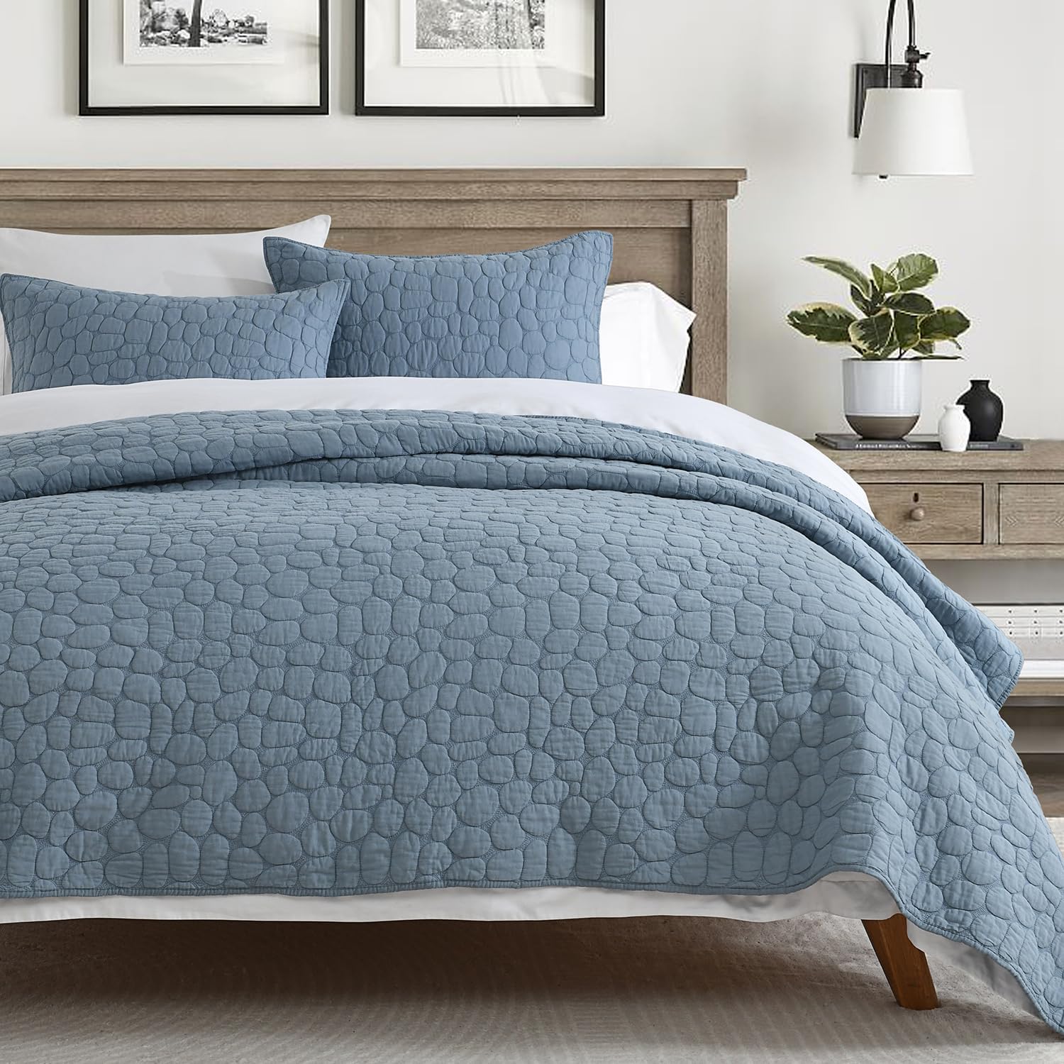 HORIMOTE HOME 100% Cotton Quilt Set King Size, Dusty Blue Pre-Washed Bedspreads Coverlet Set with Cobblestone Pattern, Cozy Lightweight Stitching Decorative Bedding Cover for All Seasons Dusty Blue King