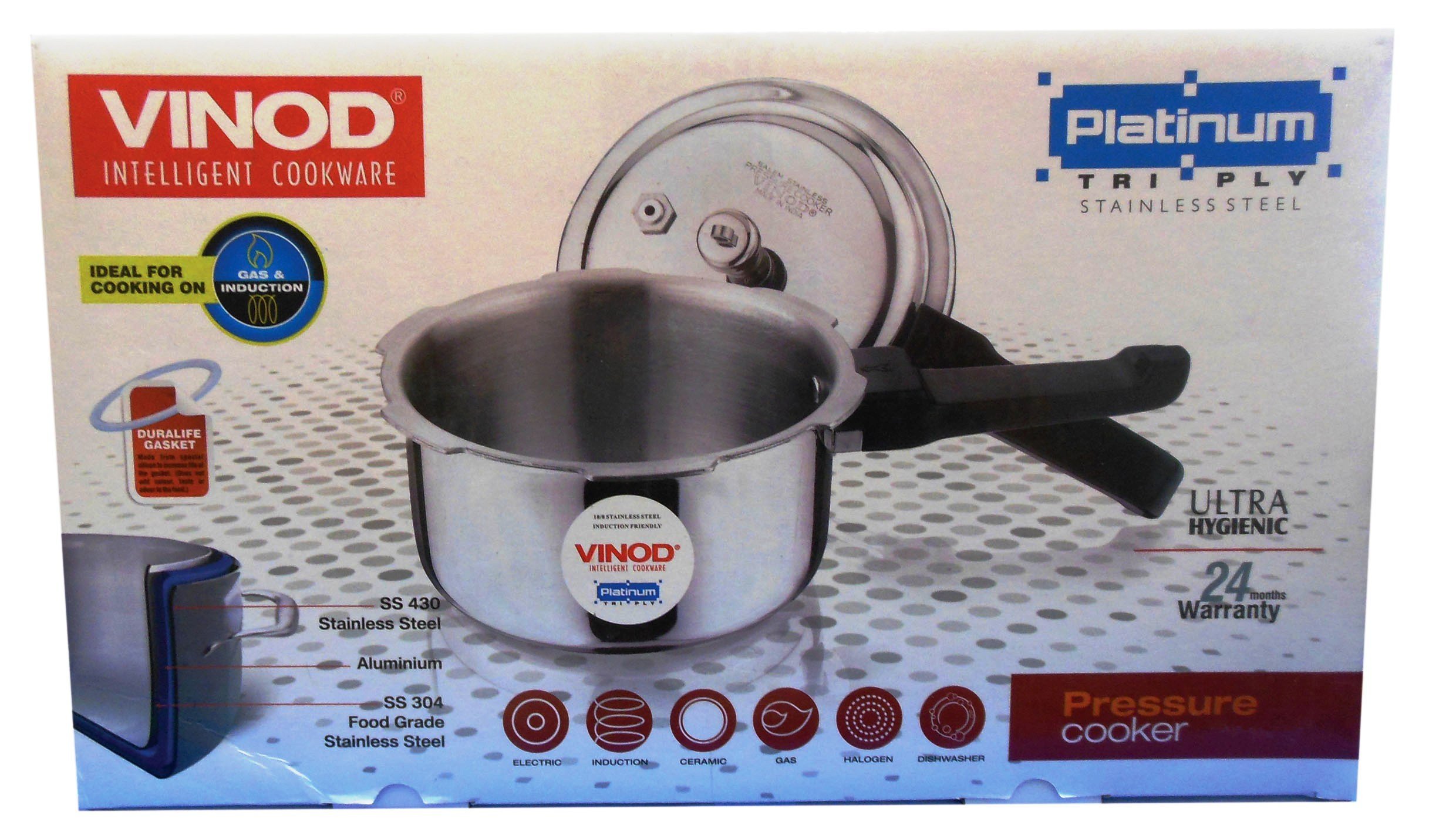 Vinod Platinum Triply Stainless Steel Pressure Cooker Outer Lid - 3 Litre | SAS Bottom Cooker | Induction and Gas Base Cooker | ISI and CE certified, Silver