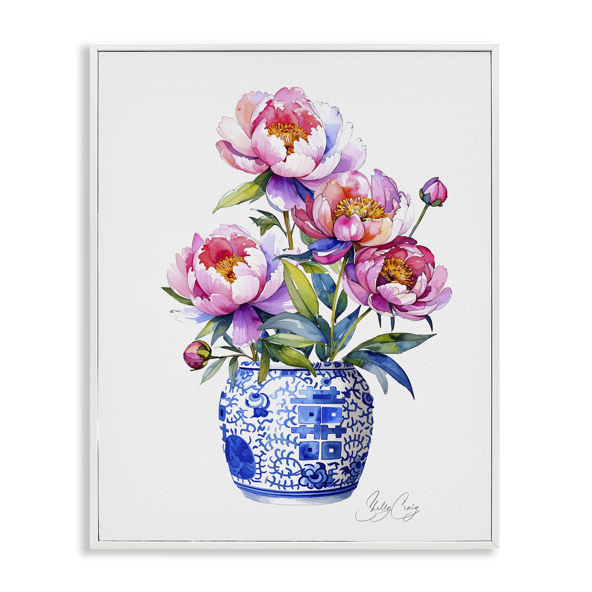 Stupell Industries 'Blue Dynasty Blooms', Framed Giclee Art, White, 16 x 20 Inches, Easy to Hang and Sturdy, Made in USA, by Shelly Craig